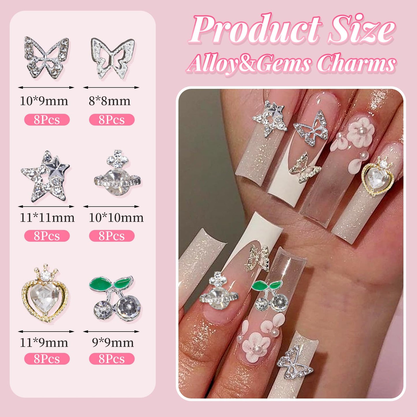 48 Pcs 3D Butterfly Nail Gems Charms, Silver 3D Planet Heart Cherry Nail Art Rhinestones Charms Shiny Butterfly Nail Diamond Crystal Charms for Nail Jewelry Making Crafts DIY Manicure Accessories