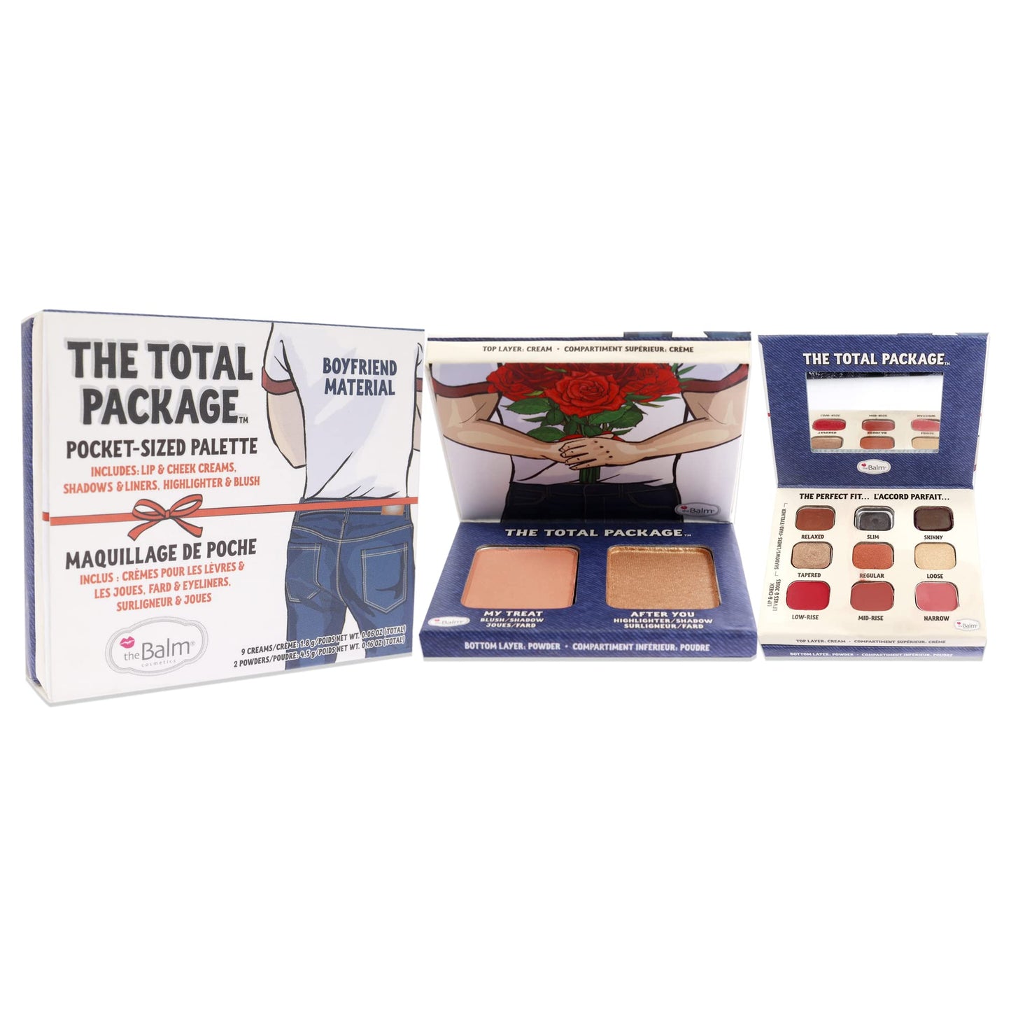 theBalm The Total Package Denim (Boyfriend Material), Highlighter Makeup Kit, Multi-tasking palette, 9 Cream Pans, 2 Powders, Multicolor, 1.6 ounces