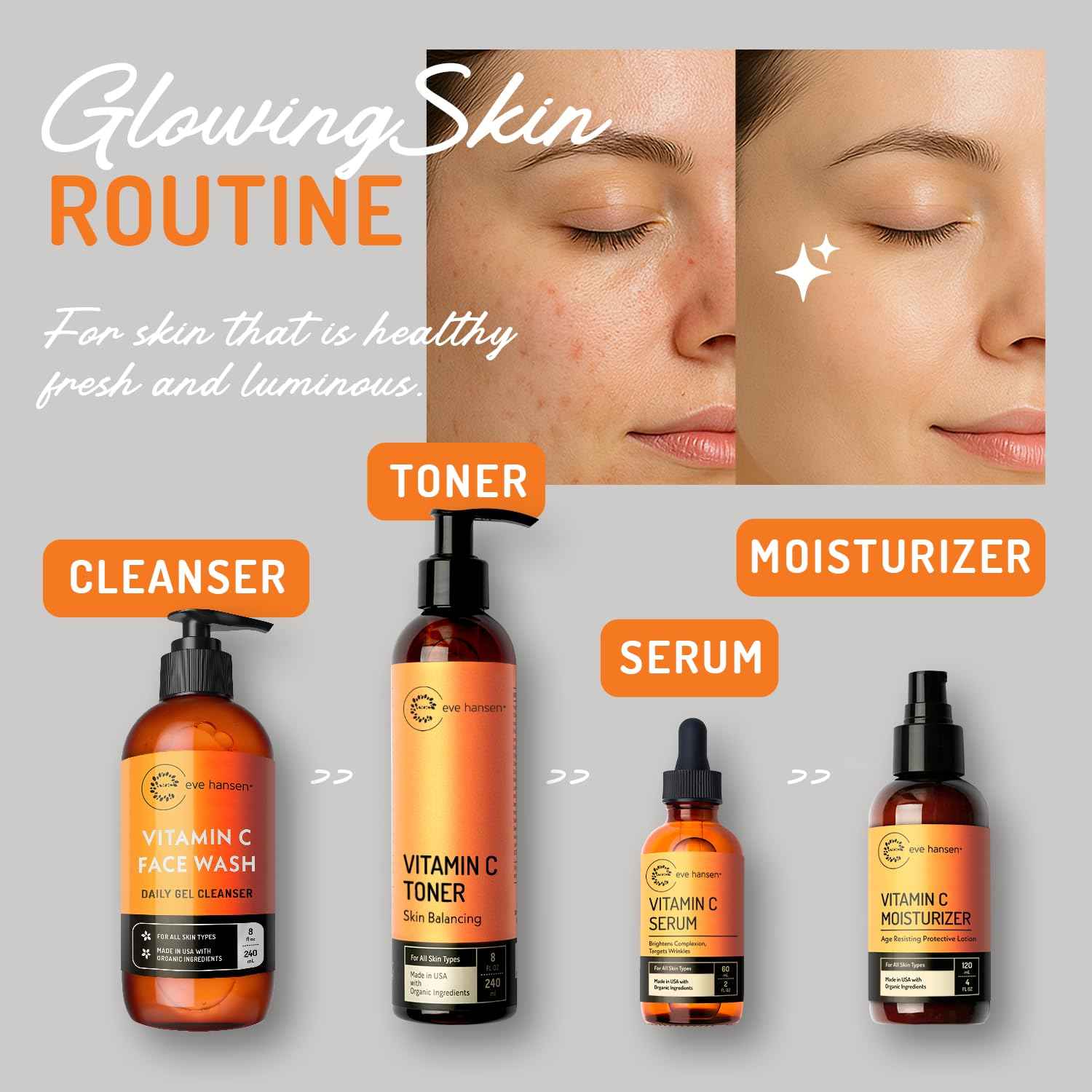 Vitamin C Cleanser Face Wash - HUGE 8 oz Gentle Facial Cleansing Gel for Uneven Skin Tone, Age Spots and Fine Lines - Natural Face Soap with Aloe Vera, Green Tea, Ginseng