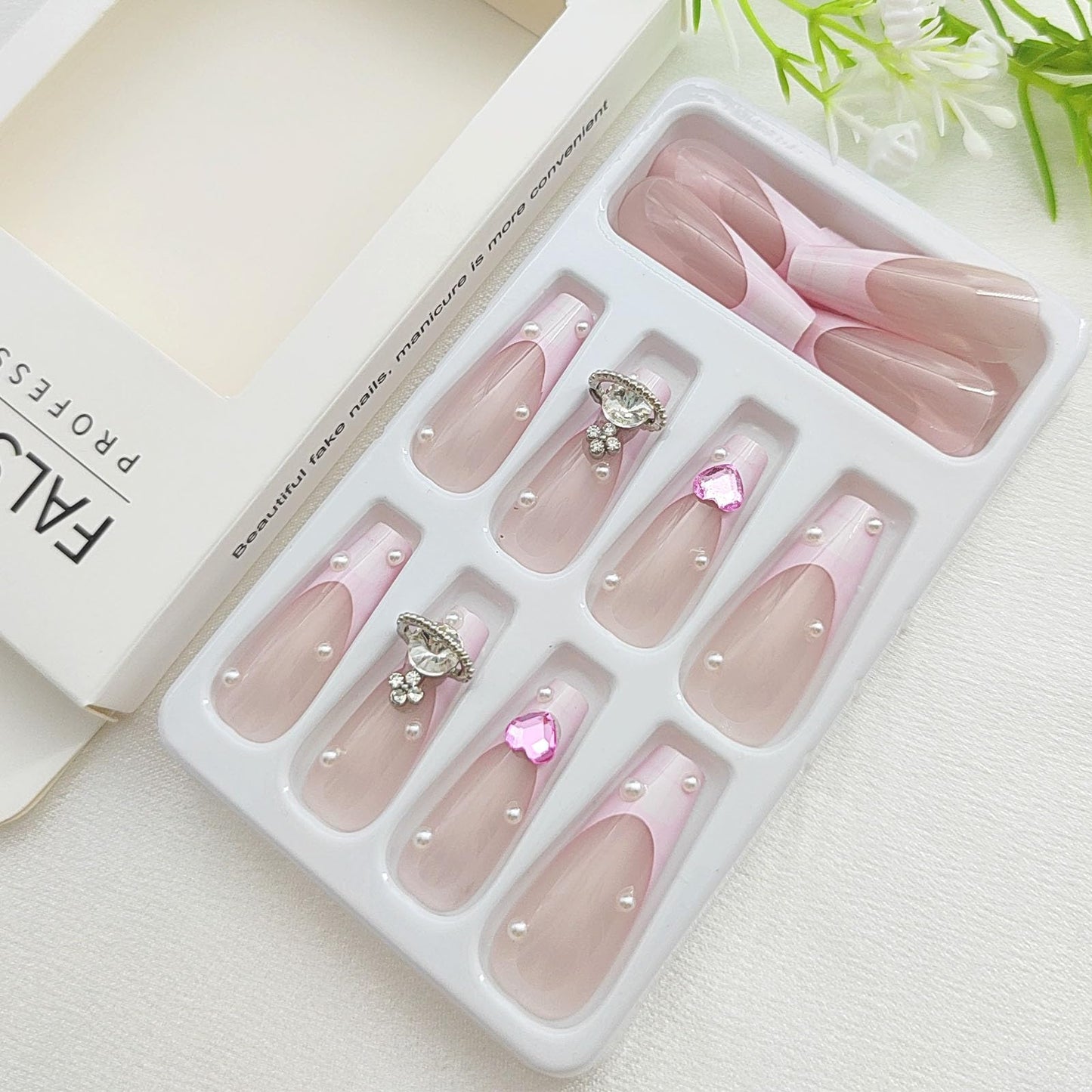 Pink French Tip Press on Nails Long Coffin False Nails Valentines Heart Exquisite Fake Nails Nude Translucent Acrylic Nails Pearls and Big Rhinestones Glue on Nails for Women 24Pcs