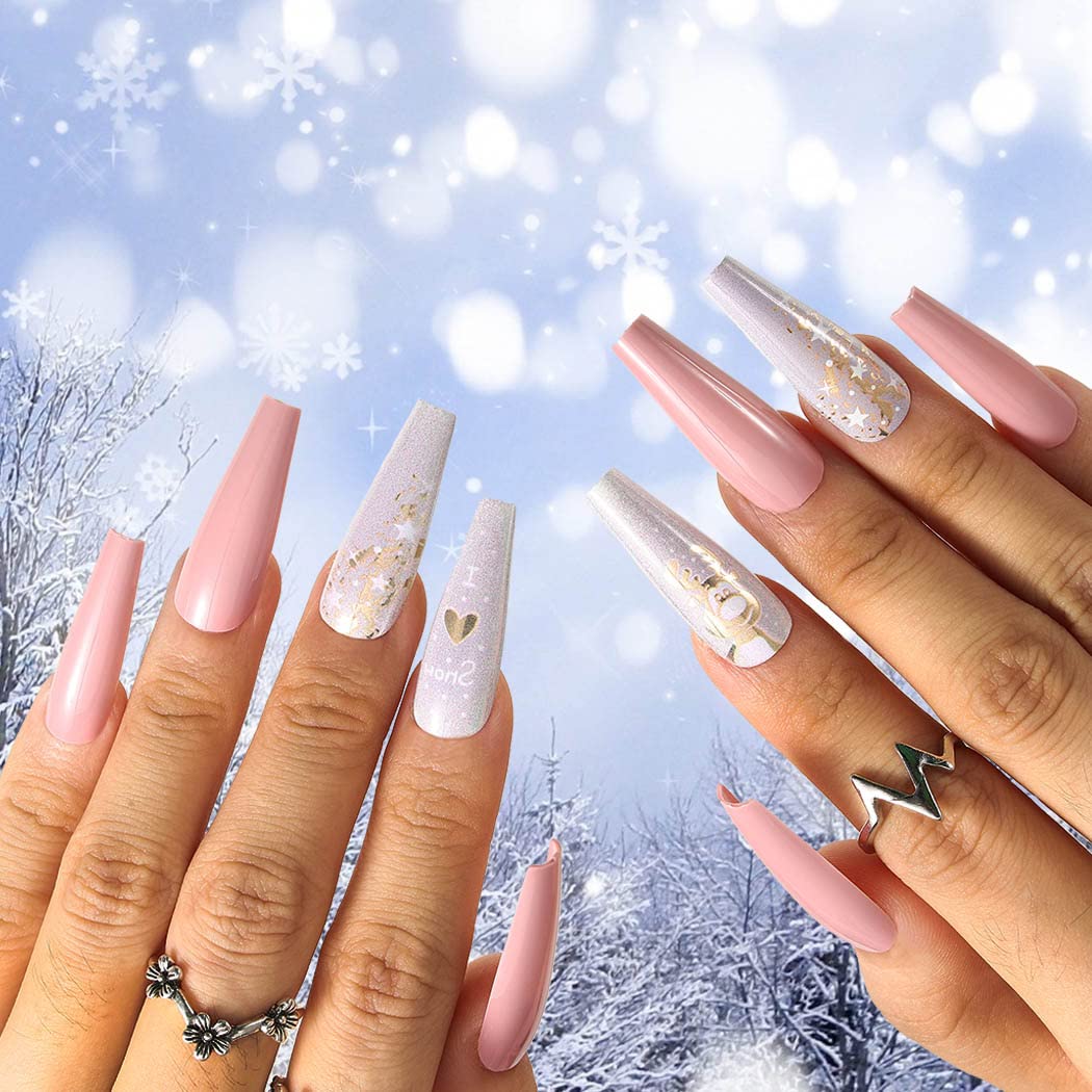 Uranian Coffin Extra Long Press on Nails Snowflake Red Christmas Fake Nails Elk Ballerina Glossy Full Cover False Nails Santa Claus Acrylic Nails Tips for Women and Girls 30 PCS (Pattern-H)