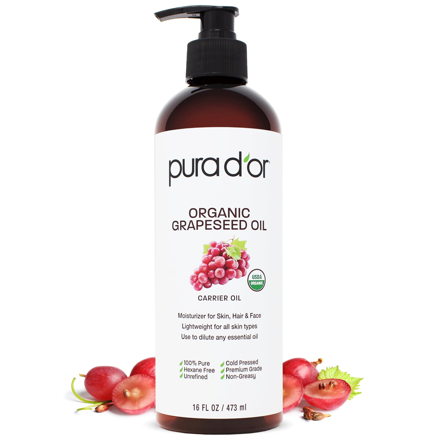 PURA D'OR 16 Oz Organic Grapeseed Oil - 100% Pure & Natural USDA Certified Cold Pressed Carrier Oil - Light & Silky, Unscented, Hexane Free Liquid Moisturizer - Face Skin & Hair - Men & Women