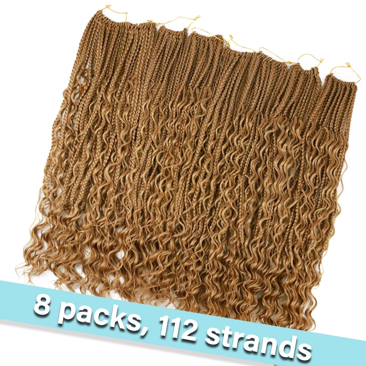 Goddess Box Braids Crochet Hair 24 Inch 8 Packs Bohemian Pre-looped Box Braids Crochet Braiding Hair Extensions Boho Crochet Box Braids with Curly Ends 27#