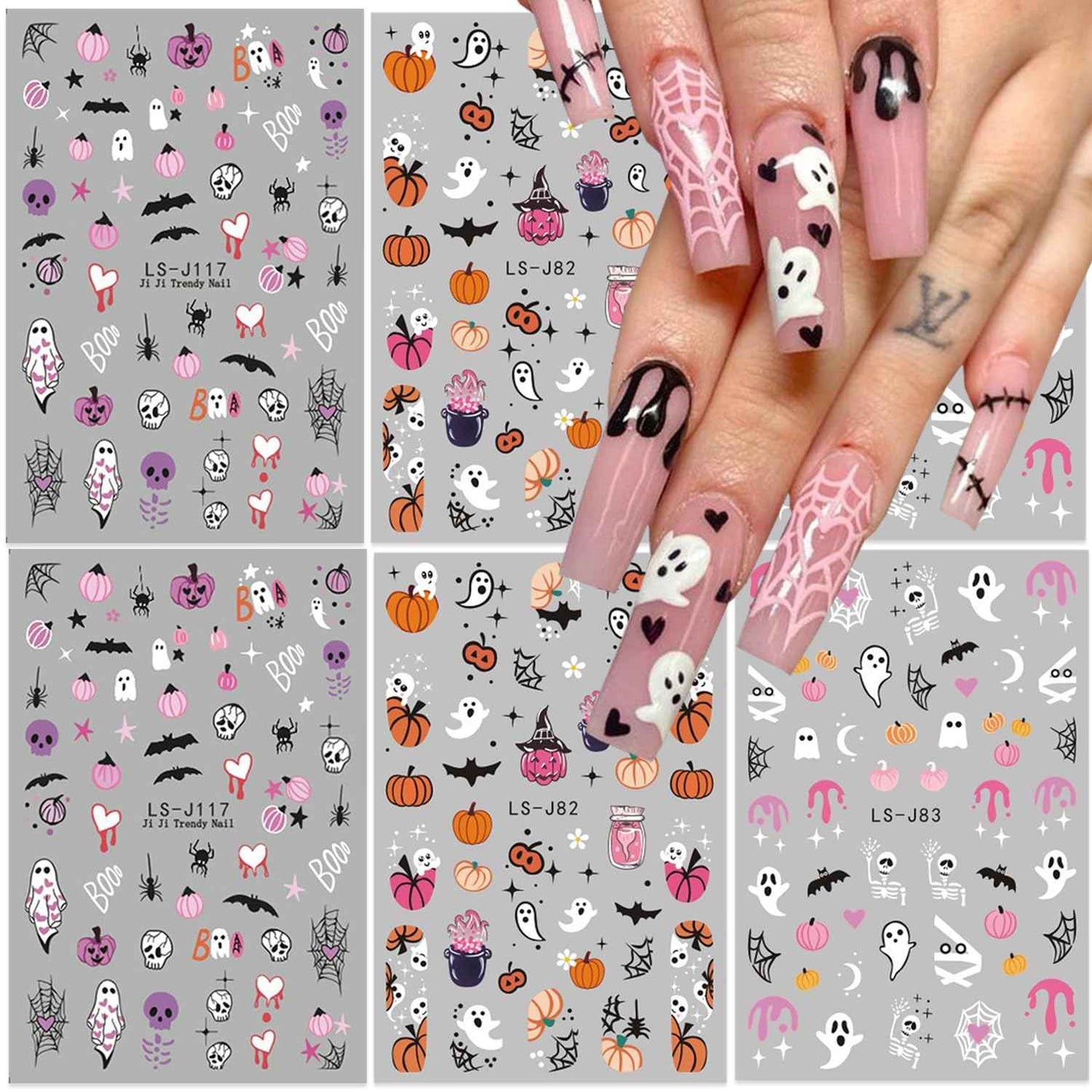 Halloween Nail Art Stickers Decals Cute Ghost Nail Decals 6 PCS 3D Self-Adhesive Spooky Pumpkin Bat Spider Design Manicure Nail Art Supplies Halloween Sticker for Women Girls DIY Nail Art Decorations