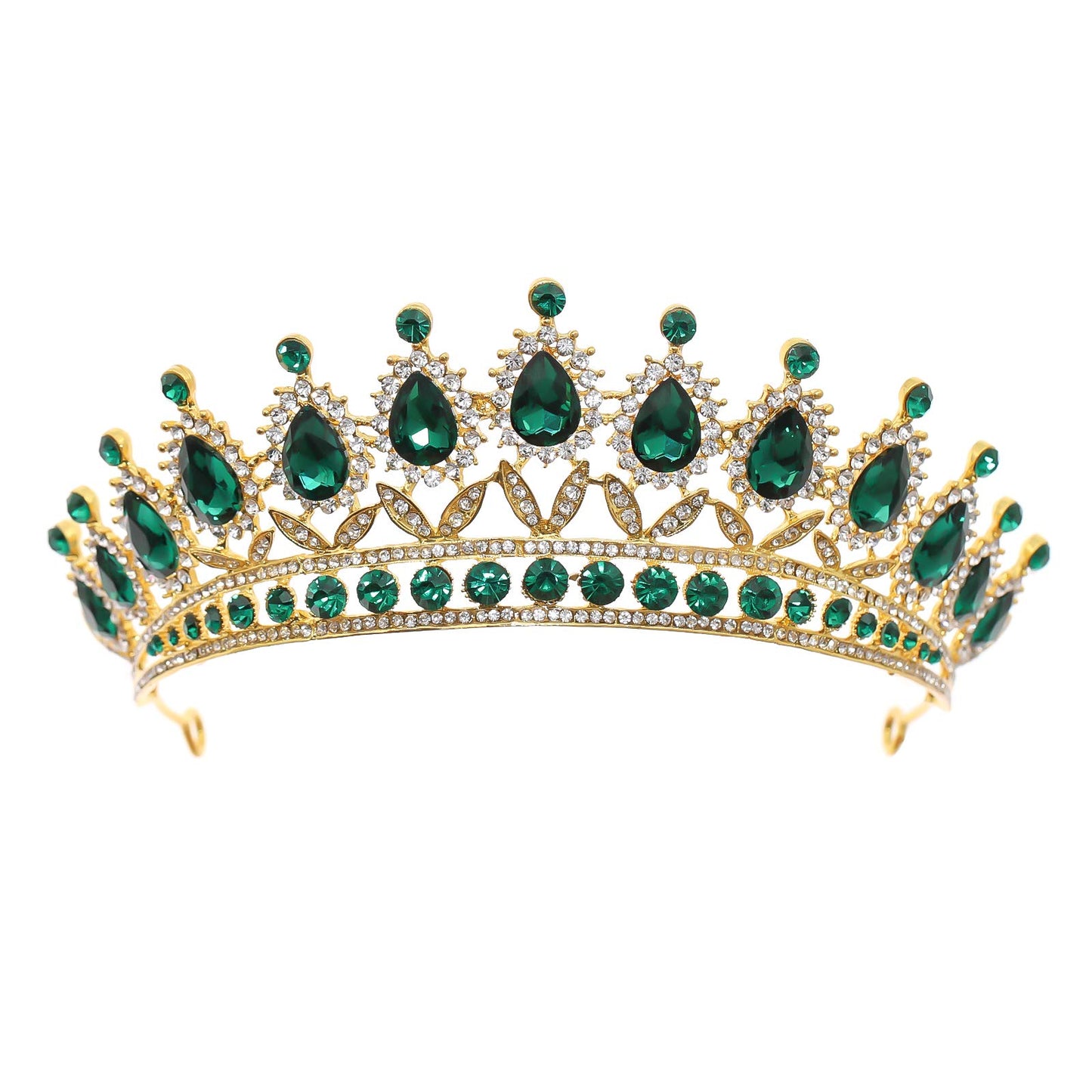 FORSEVEN Queen Princess Tiaras and Crowns Bridal Headband Women Girls Prom Party Diadem Wedding Hair Jewelry Accessories (Gold Green)