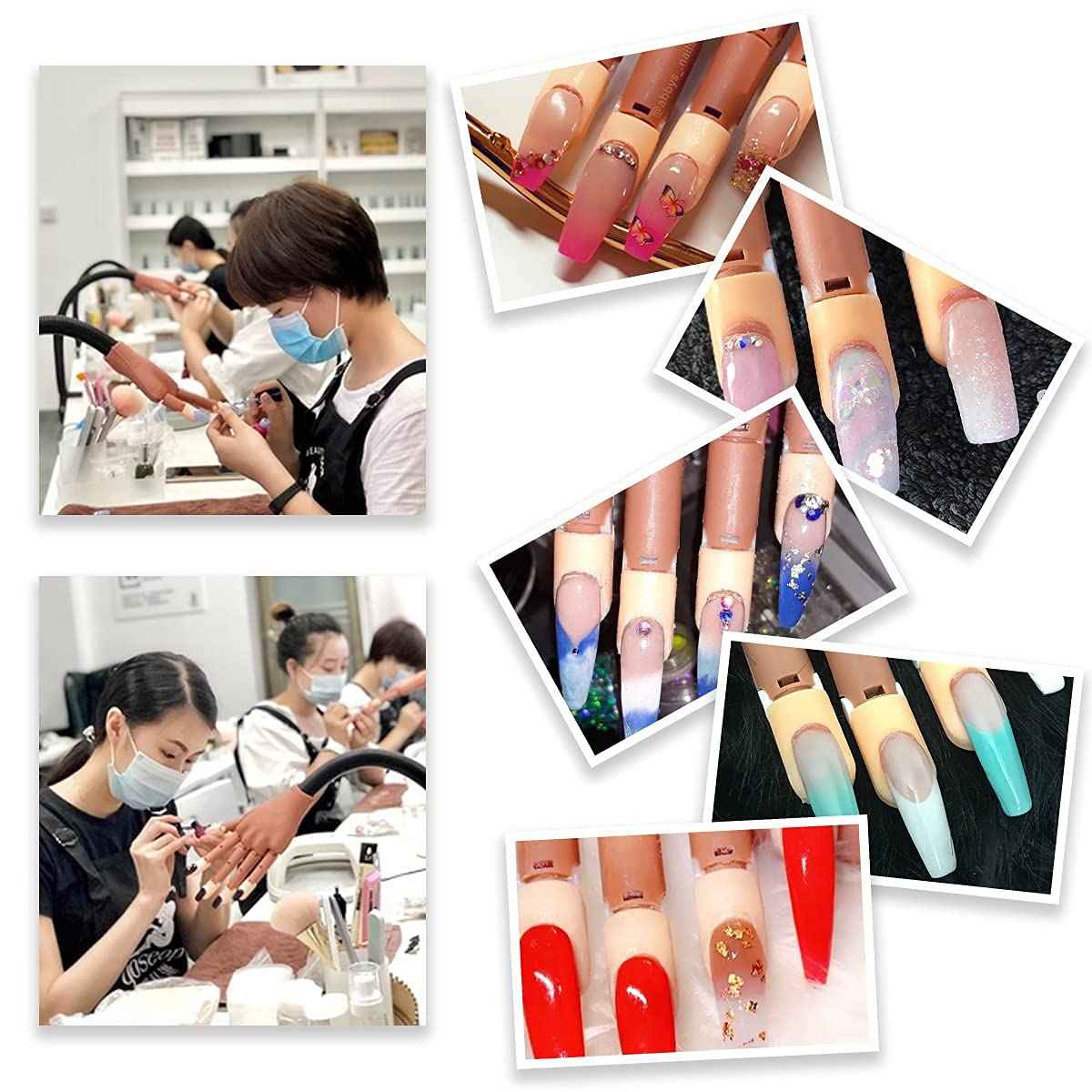 Nail Practice Hand for Acrylic Nails, Flexible Nail Maniquin Hand to Practice Nail Art, Movable Nail Training Hands for Beginners Nail Skills Practicing with 200pcs Fake Nails Tips