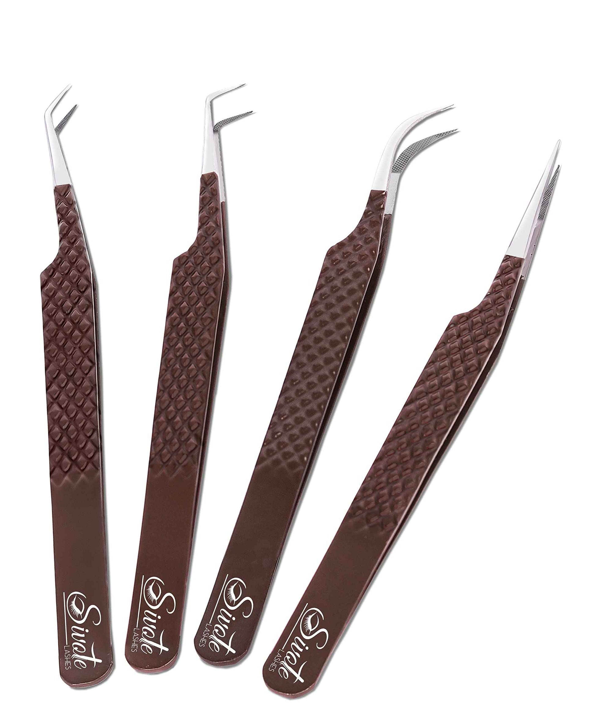 SIVOTE Lash Extension Tweezers Fiber Tips, Set of 4, Curved, Dolphin, 90 Degree & 45 Degree Tweezer, Chocolate