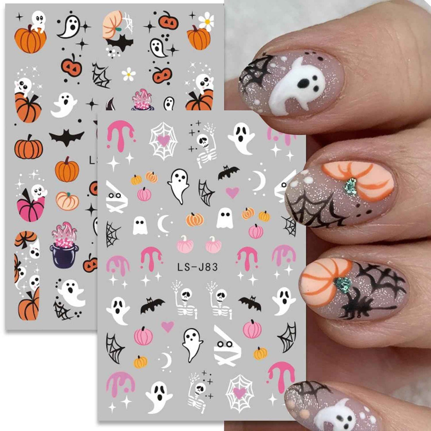 12 Sheets Halloween Nail Stickers Pumpkin Nail Decals 3D Self-Adhesive Ghost Spider Web Design Manicure Supplies Bat Cat Nail Art Sticker for Women Girls Holiday DIY Nail Decorations