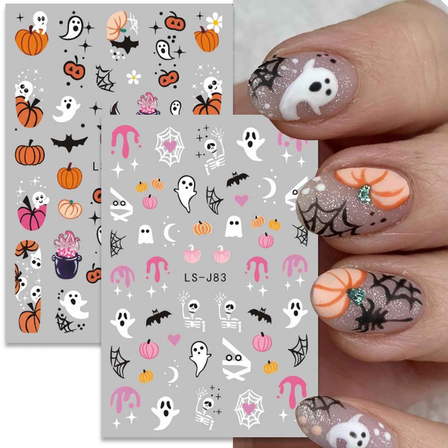 12 Sheets Halloween Nail Stickers Pumpkin Nail Decals 3D Self-Adhesive Ghost Spider Web Design Manicure Supplies Bat Cat Nail Art Sticker for Women Girls Holiday DIY Nail Decorations
