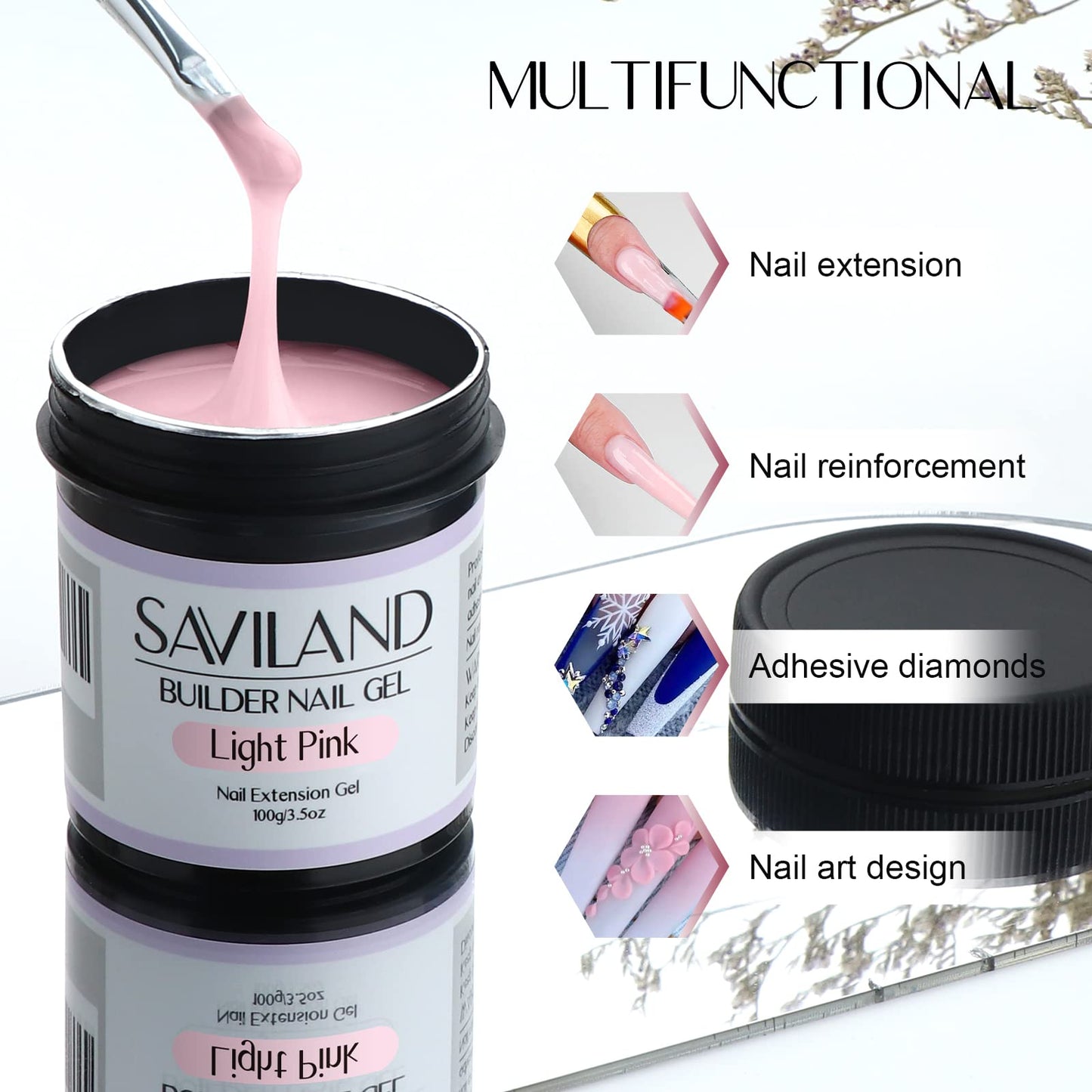 SAVILAND 100 G Builder Nail Gel - 3.5 oz Light Pink Hard Gel for Nails Large Capacity Nail Strengthen Gel for Nail Extension Nail Art Manicure Starter U V Nail Gel for Professional Nail Salon Home DIY