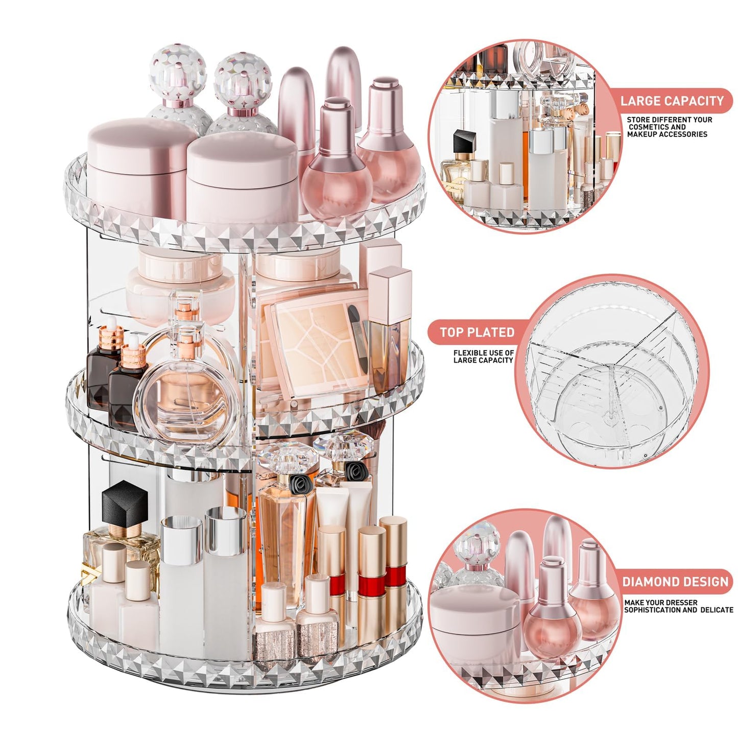COMVTUPY 360° Rotating Makeup Organizer, Diamond Pattern DIY 5 Adjustable Layers Skincare Clear Cosmetics Organizer for Vanity Countertop with Perfume Tray