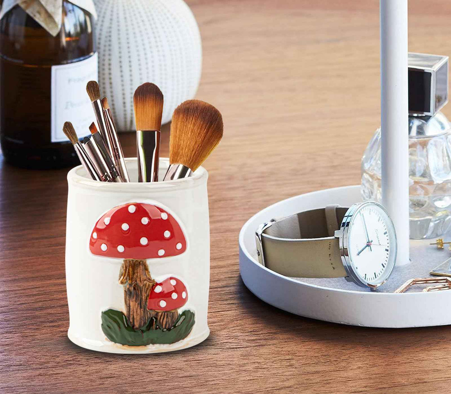 dgudgu Mushroom Makeup Brush Holder Ceramic Makeup Brush Organizer White Make Up Brush Holder Organizer