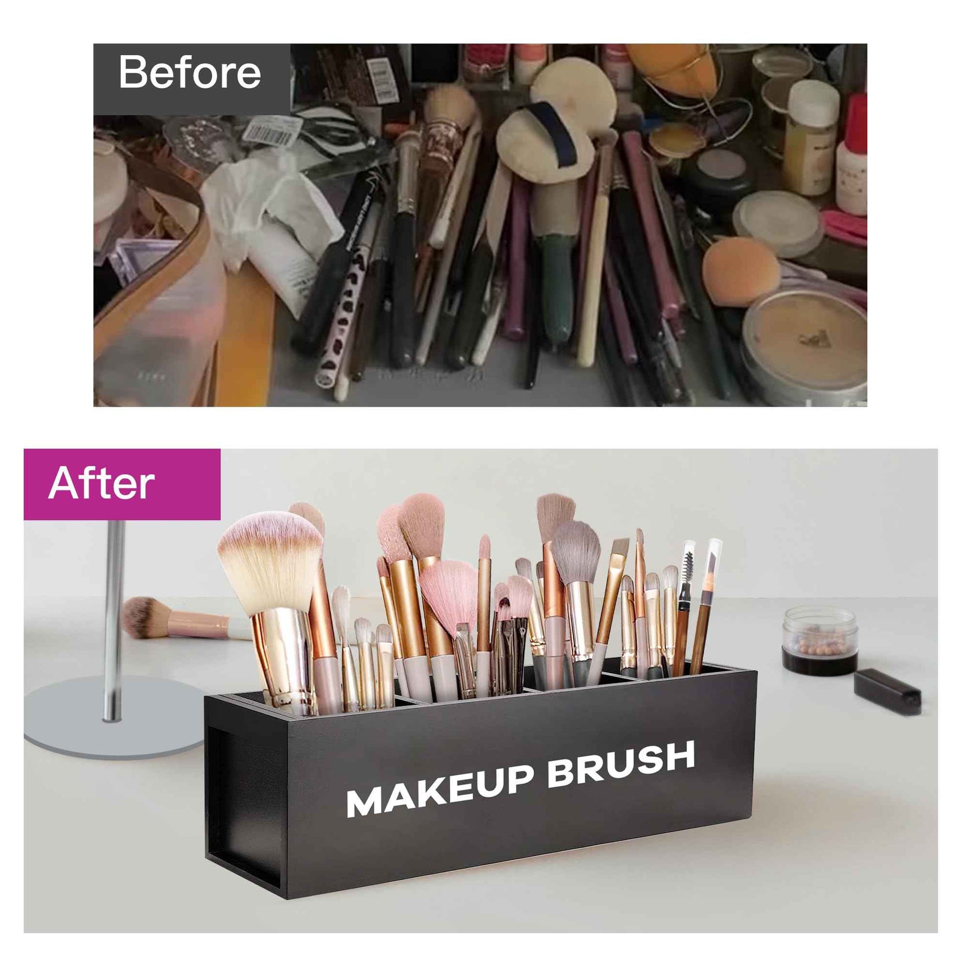 Suli Large Makeup Brush Holder Organizer, Wooden Cosmetic Brushes Storage with 4 Slots, Eyeliners Display Case for Vanity Desktop Bathroom Countertop -Black