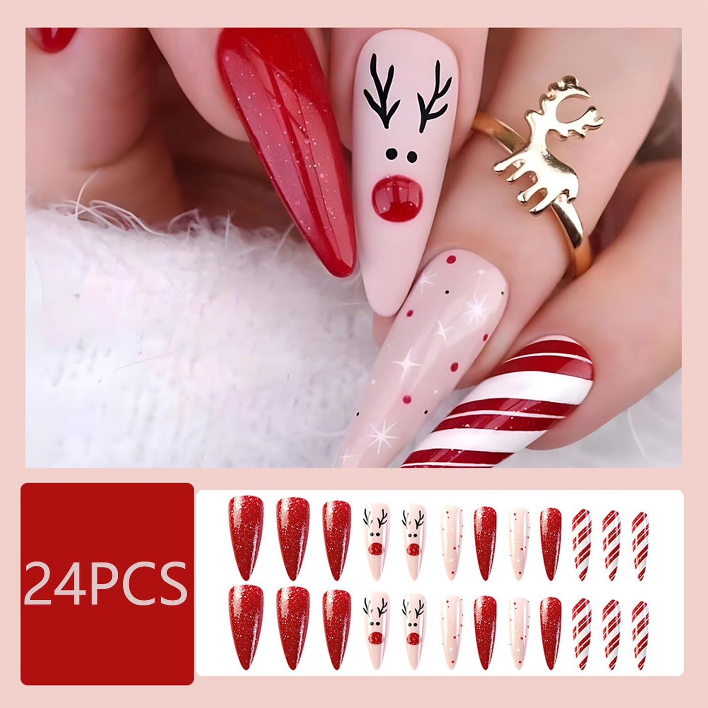 24PCS Christmas Press on Nails Long Almond Fake Nails with Pink Elk Glitter Red White Checkered Design False Nails Winter Christmas Glue on nails Red Nose Snow Stick on Nails Acrylic Nails for Women