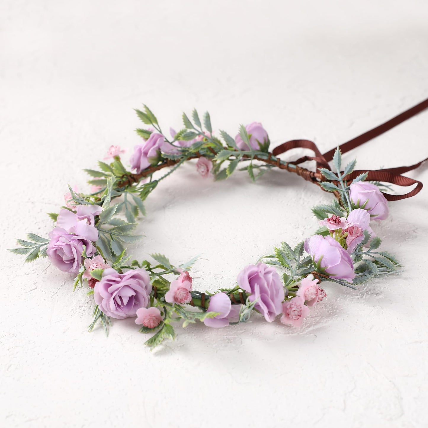 KorViSHOW Girl Purple Flower Crown - Traditional Round Rose Headband Elegant Headband Purple Flowers And Green Leaves Accessories Renaissance Festival Birthday Party Headband Wedding Shoot