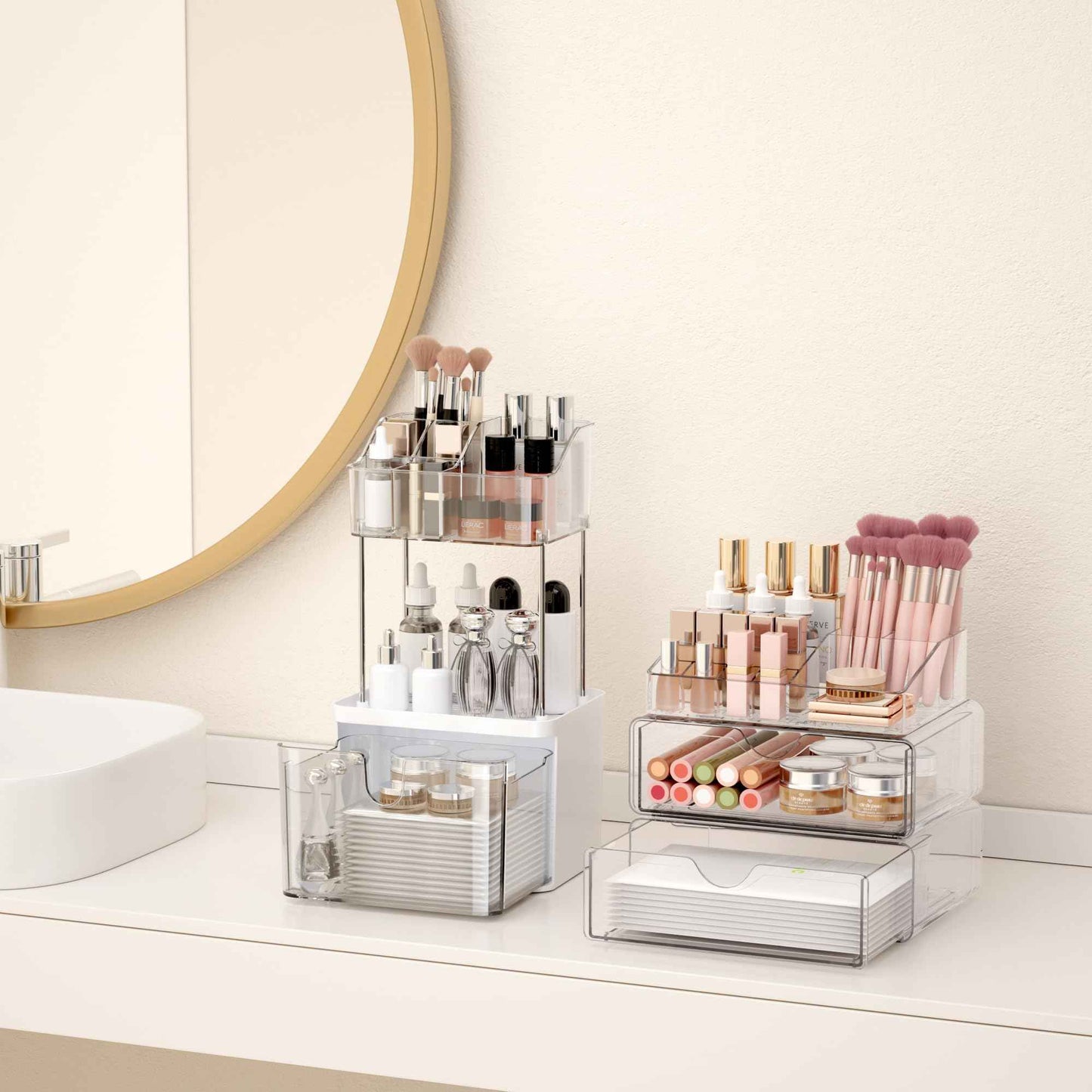 DOADW Bathroom Counter Organizer Clear - 3Pcs Stackable Makeup Countertop Organizer for Vanity - Multi-Purpose Skin Care Lipstick Cosmetic Organizer