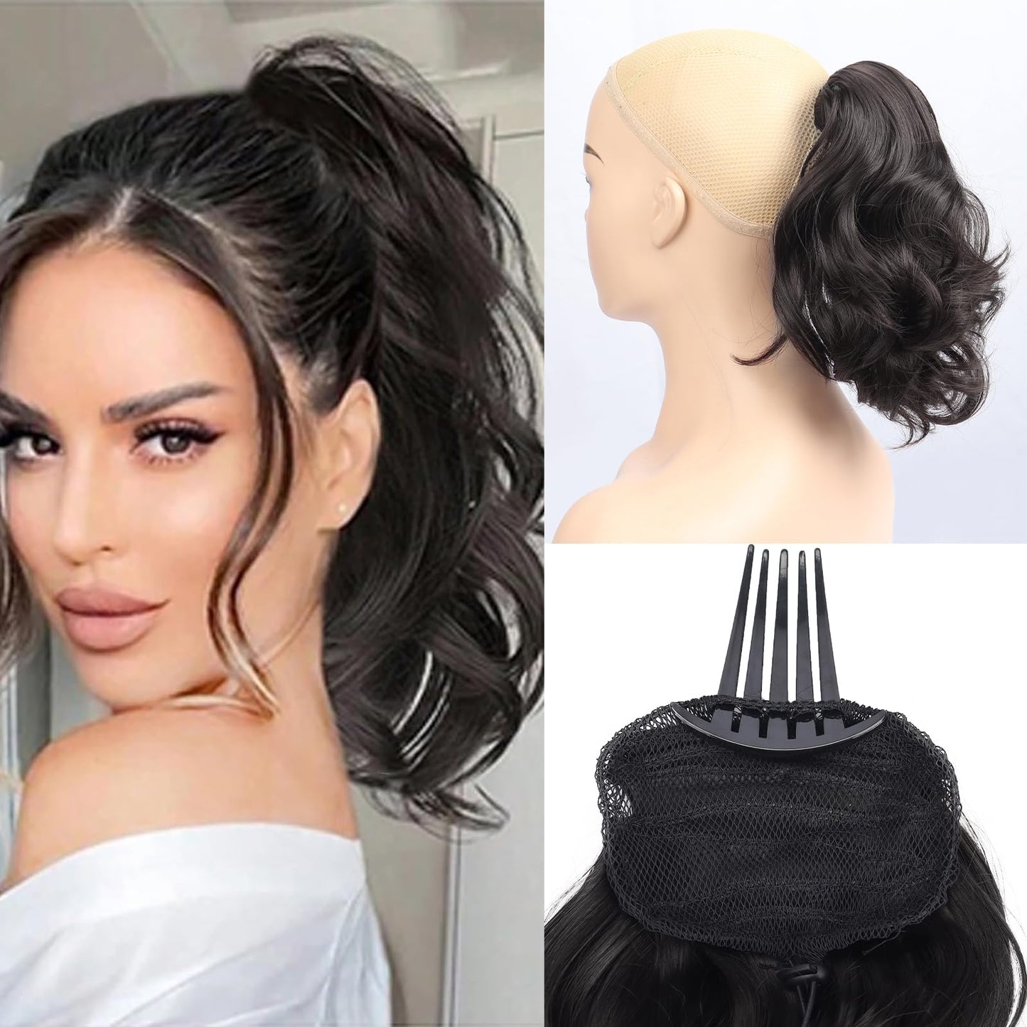 Hair Buns Hair Piece wavy Ponytail Extension with Comb Drawstring Ponytail Scrunchie Tousled Hair Extensions Fake Ponytails Updo Hair Pieces for Women (4#, 8inch)