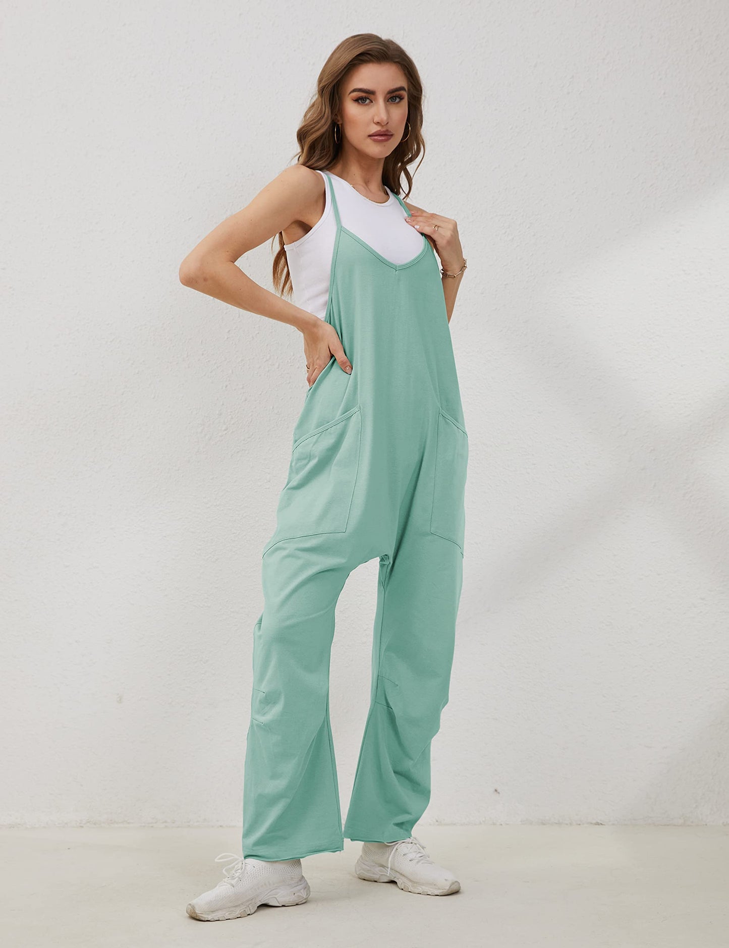 Lentta Women's Causal Jumpsuits V Neck Sleeveless Harem Overalls Stretchy Adjustable Strap Romper with Pockets(Teal-S)