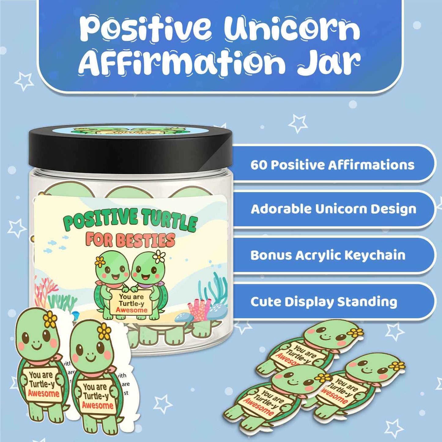 Positive Turtle Jar for Besties – 60 Daily Affirmation Cards, Cute Friendship Gift with Acrylic Keychain & Display Stand, Inspirational Message Jar for Best Friends, Sisters, or Coworkers