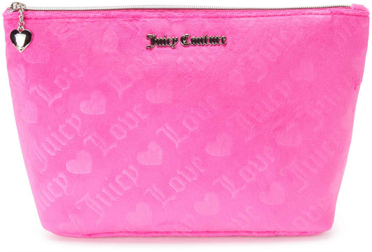 Juicy Couture Pink Makeup Bag Cosmetics Organizer Travel Essentials Zip Top Wedge Velour Heart Love