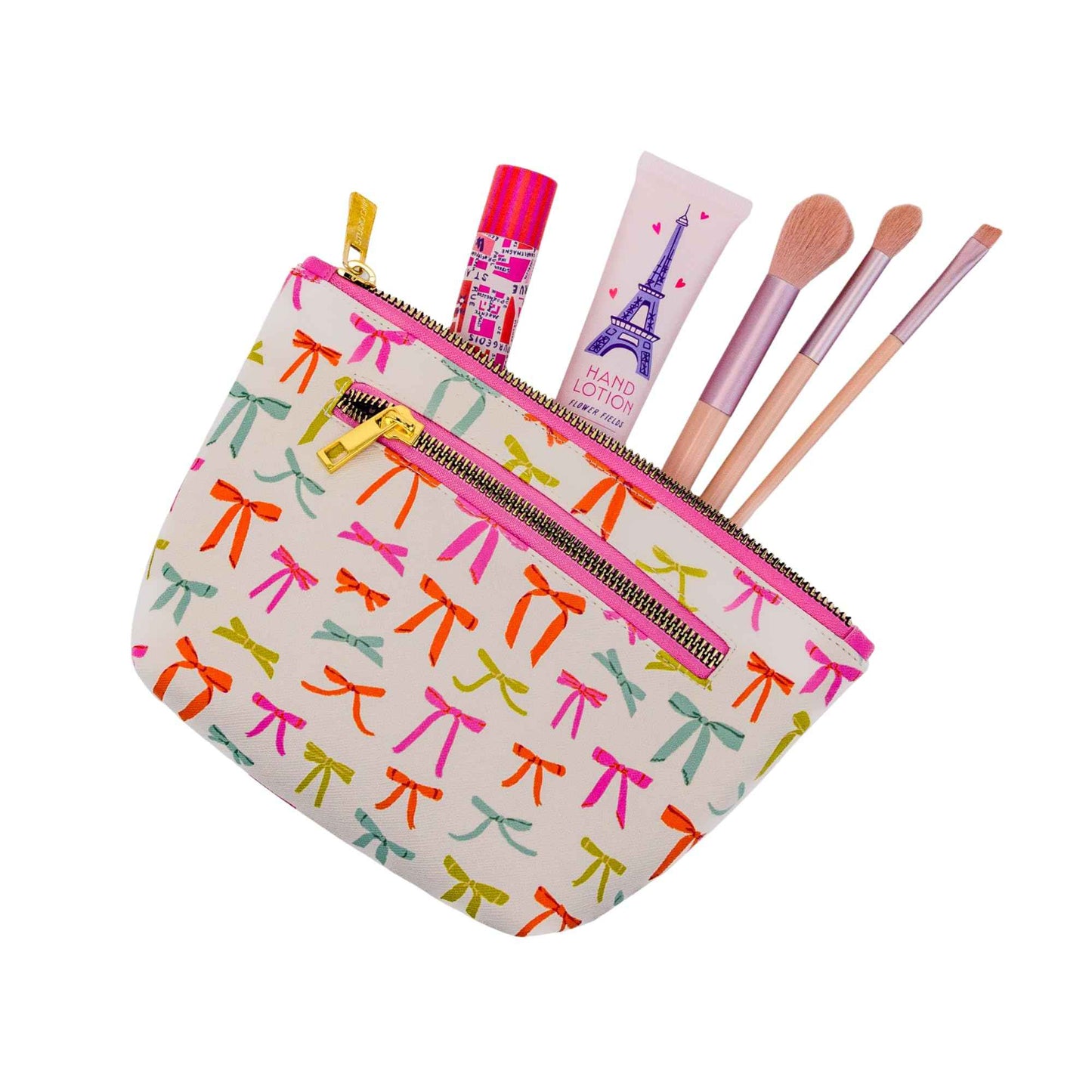 Studio Oh! Cosmetic Clutch - Makeup Organizer for Travel Size Toiletries - Metal Zippered Clutch Closes Securely - Water Resistant Vegan Leather - Put a Bow on It Clutch