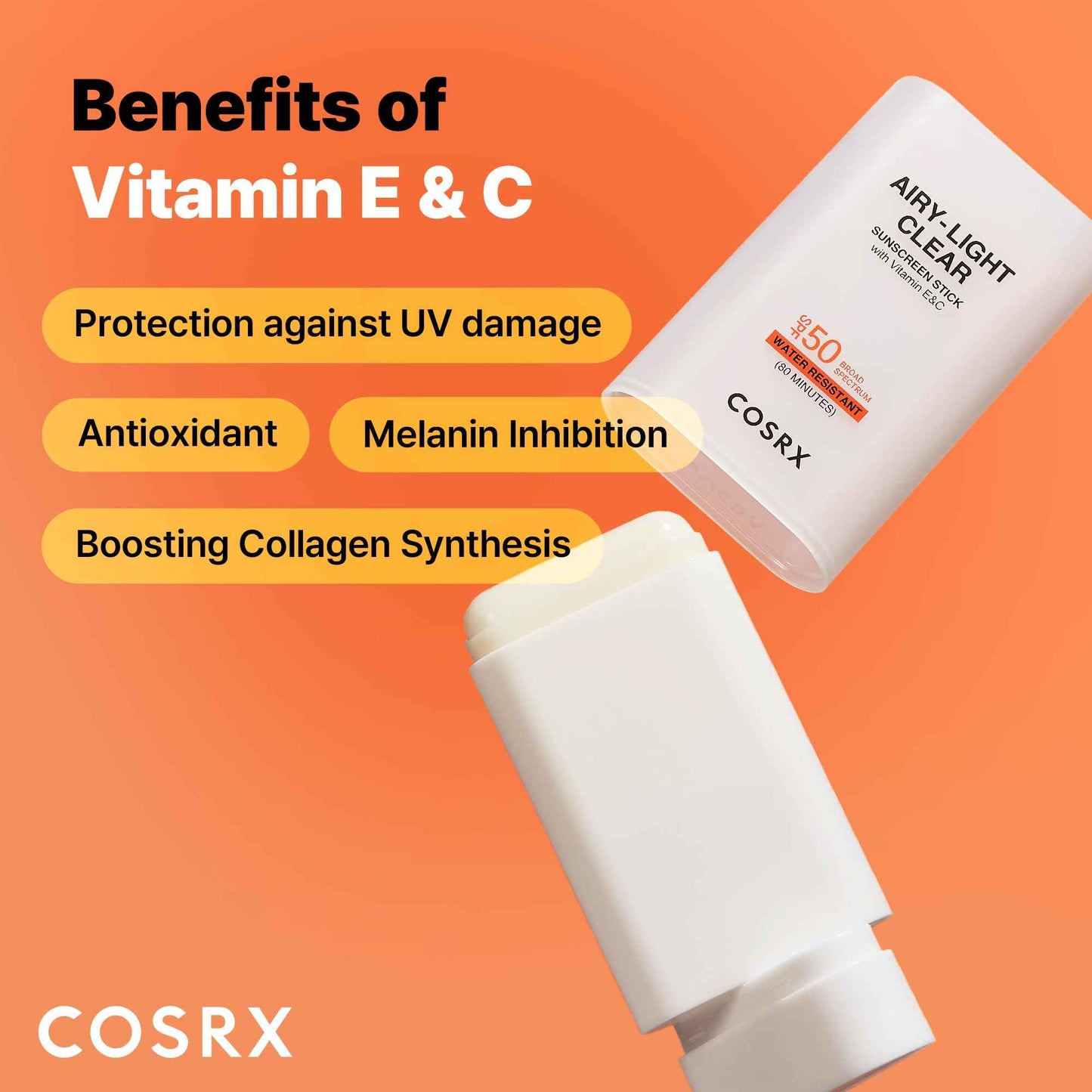COSRX Airy-Light Clear Sunscreen Stick with Vitamin E & C SPF 50, 0.67 oz, 19g, Lightweight, Travel Essentials, Summer Essentials, Korean Skin Care, Korean Matte Sunscreen for Face, Stocking Stuffers