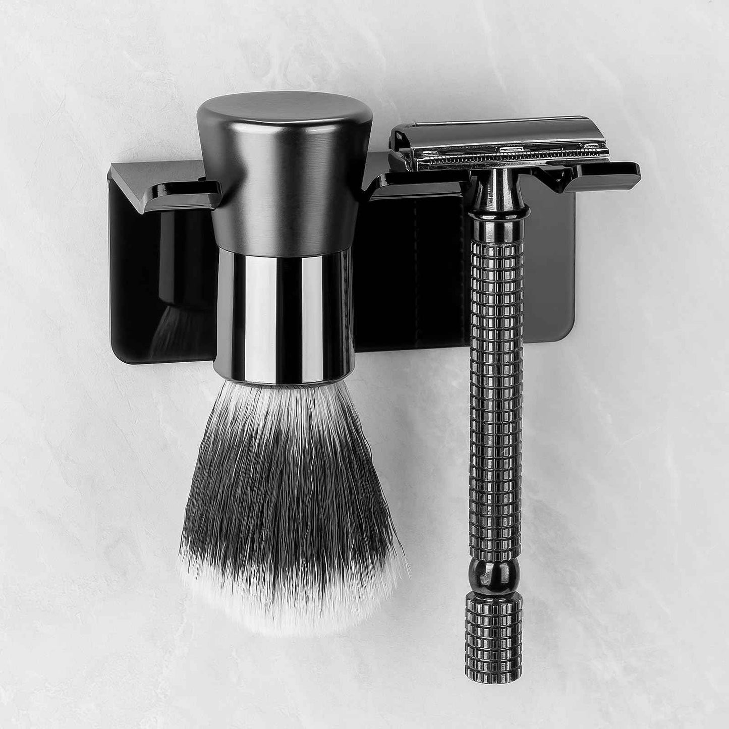 LUEXBOX Safety Razor Holder for Shower Wall, Self Adhesive Razor and Brush Stand for Bathroom, Shaving Brush Stand Compatible with Fusion 5 Proglide, Mach 3 Classic(Black Clear)