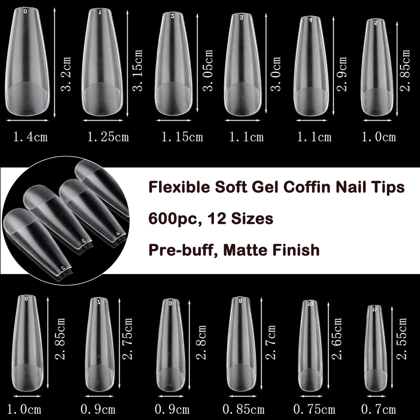 LoveOurHome 600pc Long Coffin Fake Nails Tips Full Cover Gel X French False Nail Matte Clear Ballerina Soft Gel Artificial Fingernails 12 Sizes for Women Teen Grils Acrylic Nail Extension