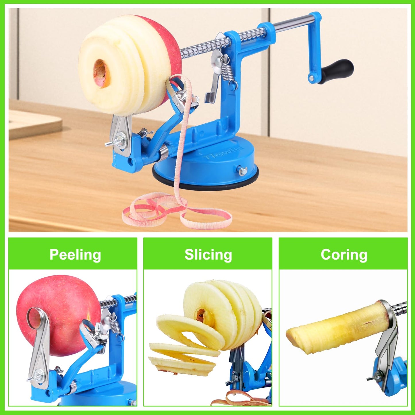 Apple Peeler Corer, Long lasting Chrome Cast Magnesium Alloy Apple Peeler Slicer Corer with Stainless Steel Blades and Powerful Suction Base for Apples and Potato(Lake Blue)