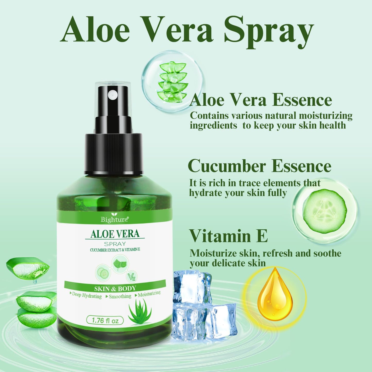 BIGHTURE Aloe Vera Spray for Whole Body Skin, Aoe Vera Spray Extract from Freshly Cut Aloe and Infused wirh Cucumber Essence，Fast Absorbing, Easy to Use, Travel Set, 1.73 oz