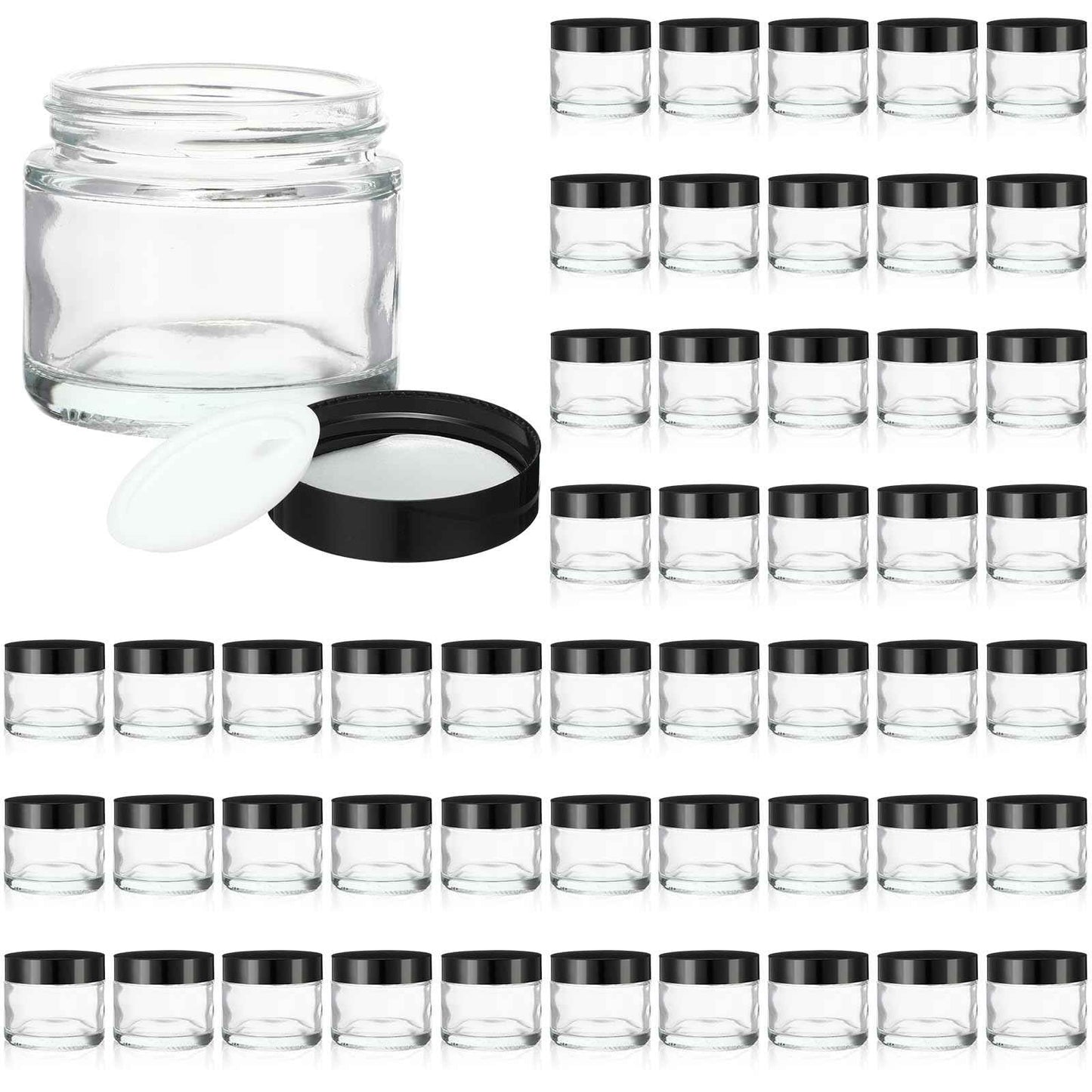 50 Pcs 2 oz Clear Glass Jars with Black Lids Leakproof Round Airtight Jars Empty Cosmetic Jars with Inner Liners Lid for Candle Making Storing Lotions Spice Powder Liquid Sample Makeup (Black,clear)