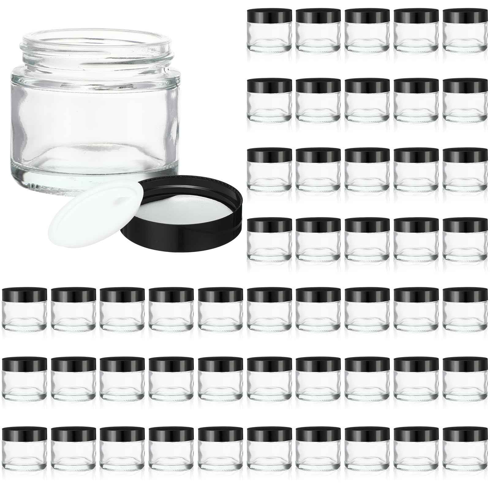 50 Pcs 2 oz Clear Glass Jars with Black Lids Leakproof Round Airtight Jars Empty Cosmetic Jars with Inner Liners Lid for Candle Making Storing Lotions Spice Powder Liquid Sample Makeup (Black,clear)