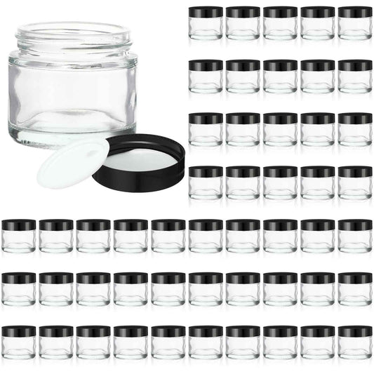 50 Pcs 2 oz Clear Glass Jars with Black Lids Leakproof Round Airtight Jars Empty Cosmetic Jars with Inner Liners Lid for Candle Making Storing Lotions Spice Powder Liquid Sample Makeup (Black,clear)