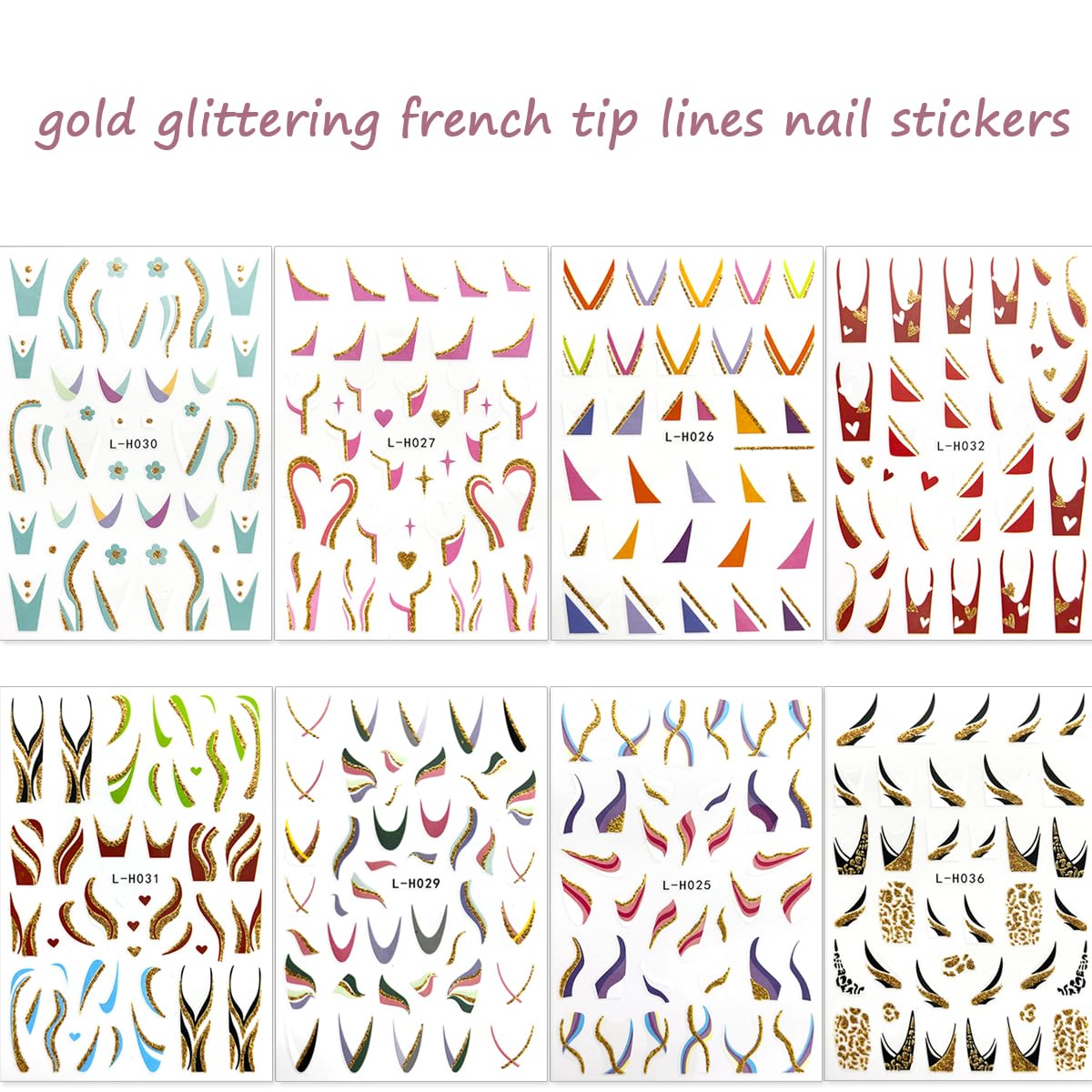 8 Sheets Shiny Line Nail Stickers for Nail Art, French Tip Nail Art Stickers 3D Glitter Wavy Stripe Nail Decals Gold Nail Tip V Shape Lines Nail Art Design Supplies for DIY Acrylic Manicure Decoration