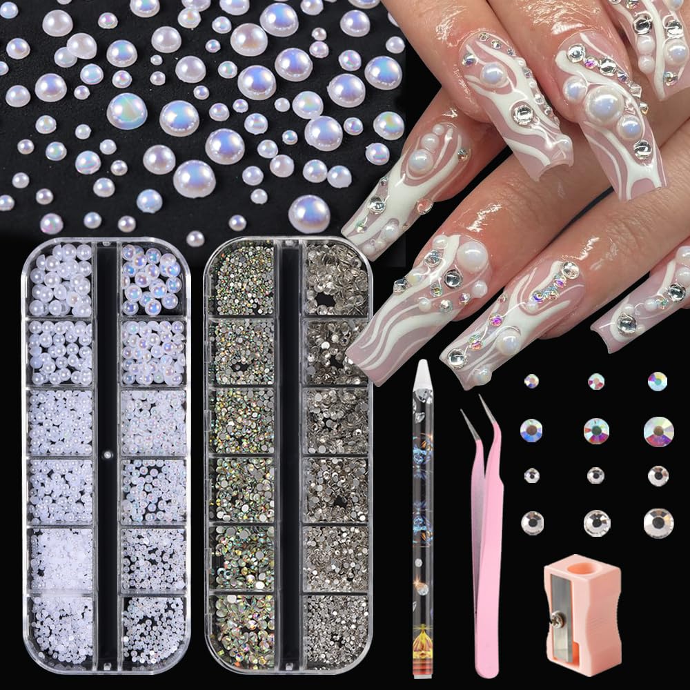 Nail Rhinestones and Pearls Nail Charms Kit, Multi Sizes Clear & AB Crystals Nail Rhinestones Gems, Flat Back White & White AB Pearls with Pickup Pencil and Tweezers