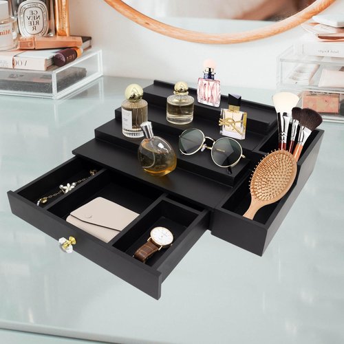 4 Tier Cologne Organizer Cologne Stand with Drawer and Hidden Compartment Cologne Holder for Men, Wood, Perfume Holder 2 in 1 Dresser Bathroom Organizer Men Room Essentials