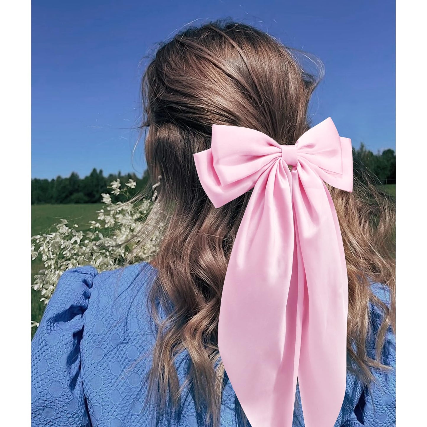 CHANACO Pink Bow Hair Accessories - Silky Satin Oversized Long Tail Bows for Women, Girls, and Teens - Trendy Coquette Gift Set