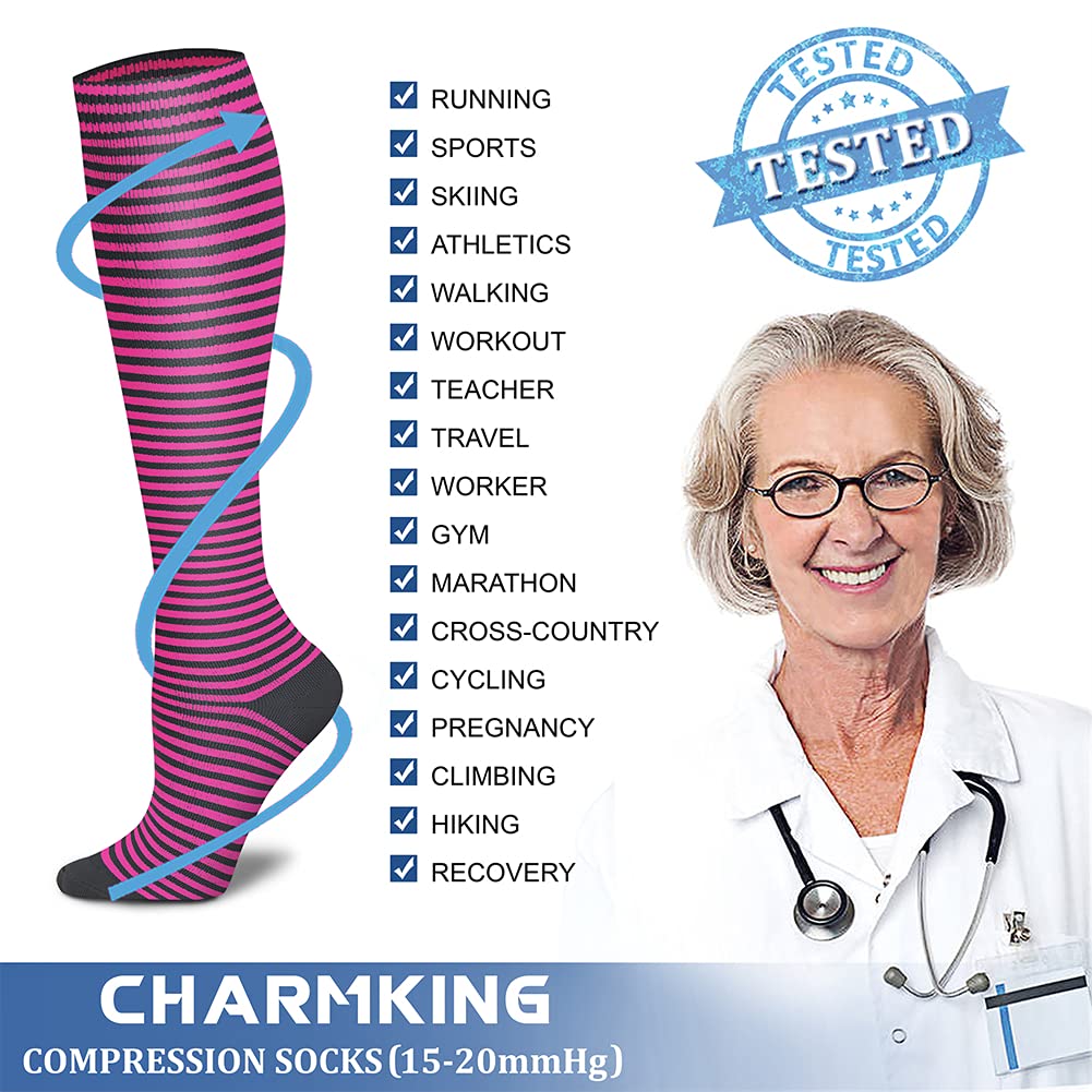 CHARMKING Compression Socks for Women & Men Circulation (3 Pairs) 15-20 mmHg is Best Athletic for Running, Flight Travel, Support, Cycling, Pregnant - Boost Performance, Durability (S/M, Multi 41)