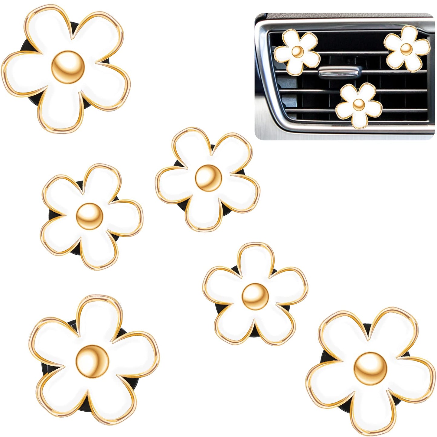 Frienda 6 Pcs Daisy Flower Air Vent Clip Air Freshener Outlet Clip Car Air Conditioning Clip Charm Car Inter Decor(White, 3 cm, 3.3 cm)