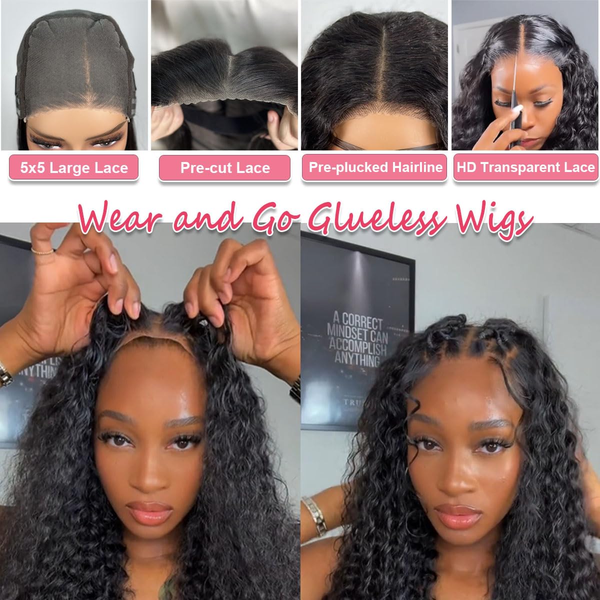 Smilegirl Glueless Bob Wigs Human Hair Pre Plucked Pre Cut Short Curly Human Hair Wigs for Black Women 5x5 HD Lace Closure Deep Wave Wear and Go Glueless Wigs 200% Density (12 Inch)