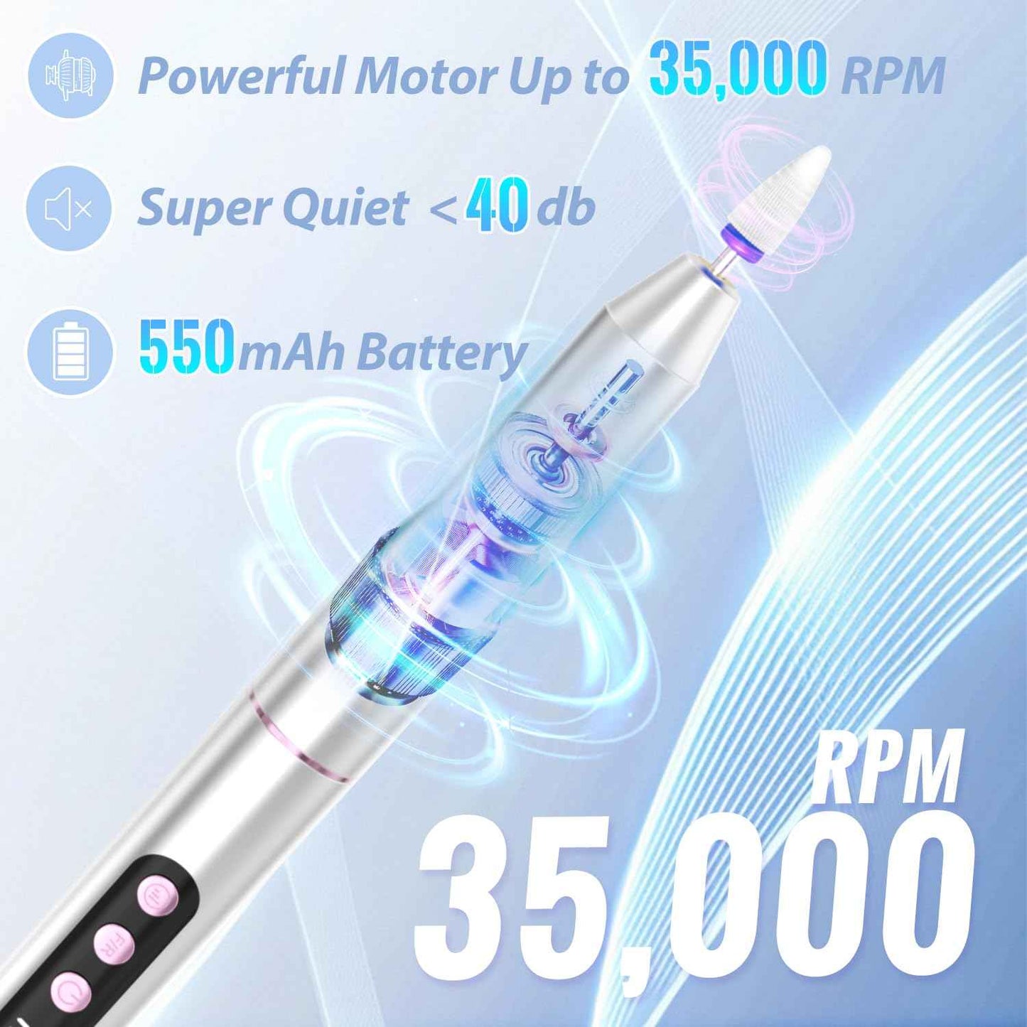 Denabuty Cordless Electric Nail Drill File: 35000RPM Professional Nail Drill Machine with UV LED Nail Lamp Charging Base, Manicure Pedicure Kit E File for Acrylic Gel Dip Powder Polish Silver