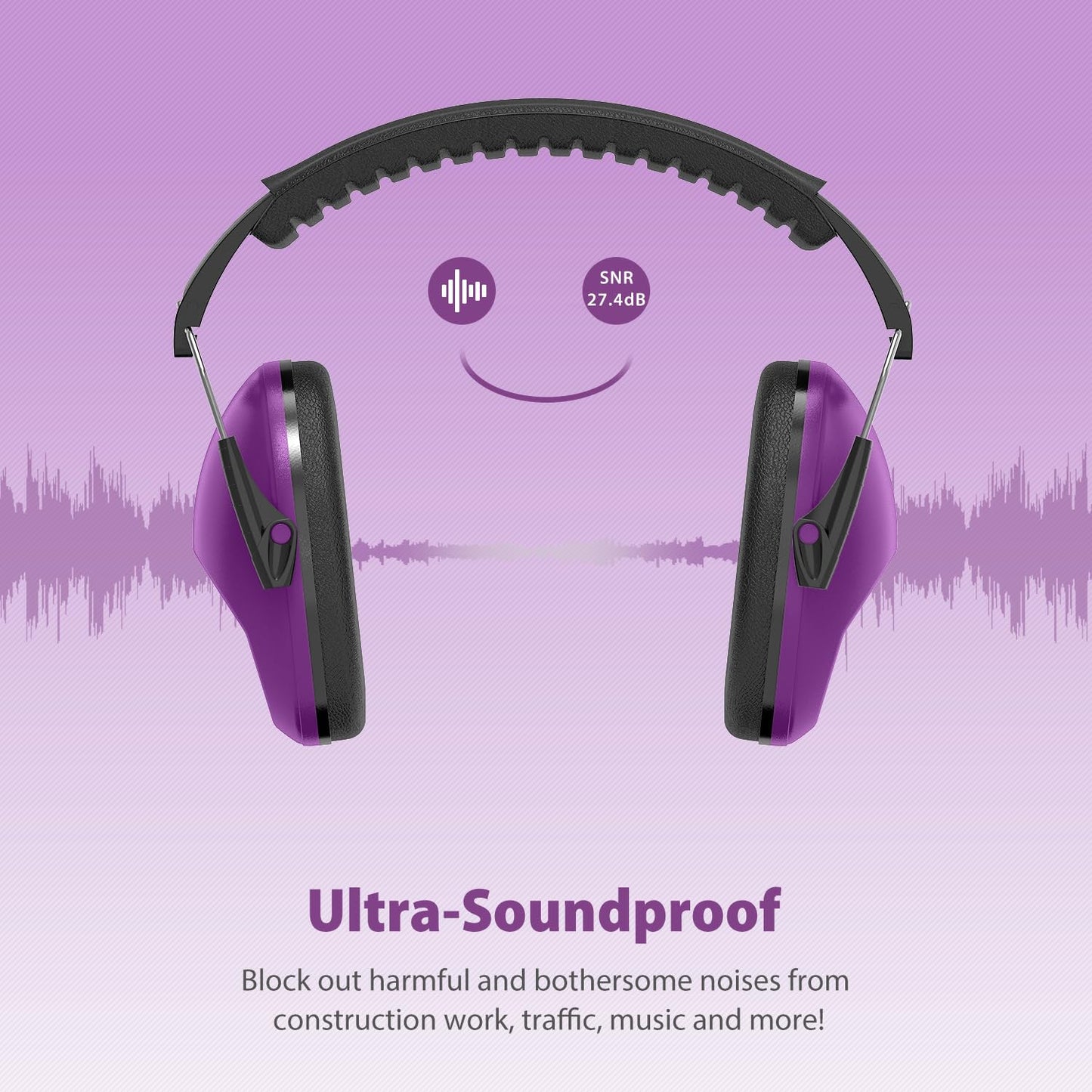 Dr.meter Ear Muffs for Noise Reduction SNR27.4 Kids Ear Protection with Adjustable Headband - Kids Noise Cancelling Headphones for Concerts, Football Game, Fireworks and Air Shows - Dark Purple