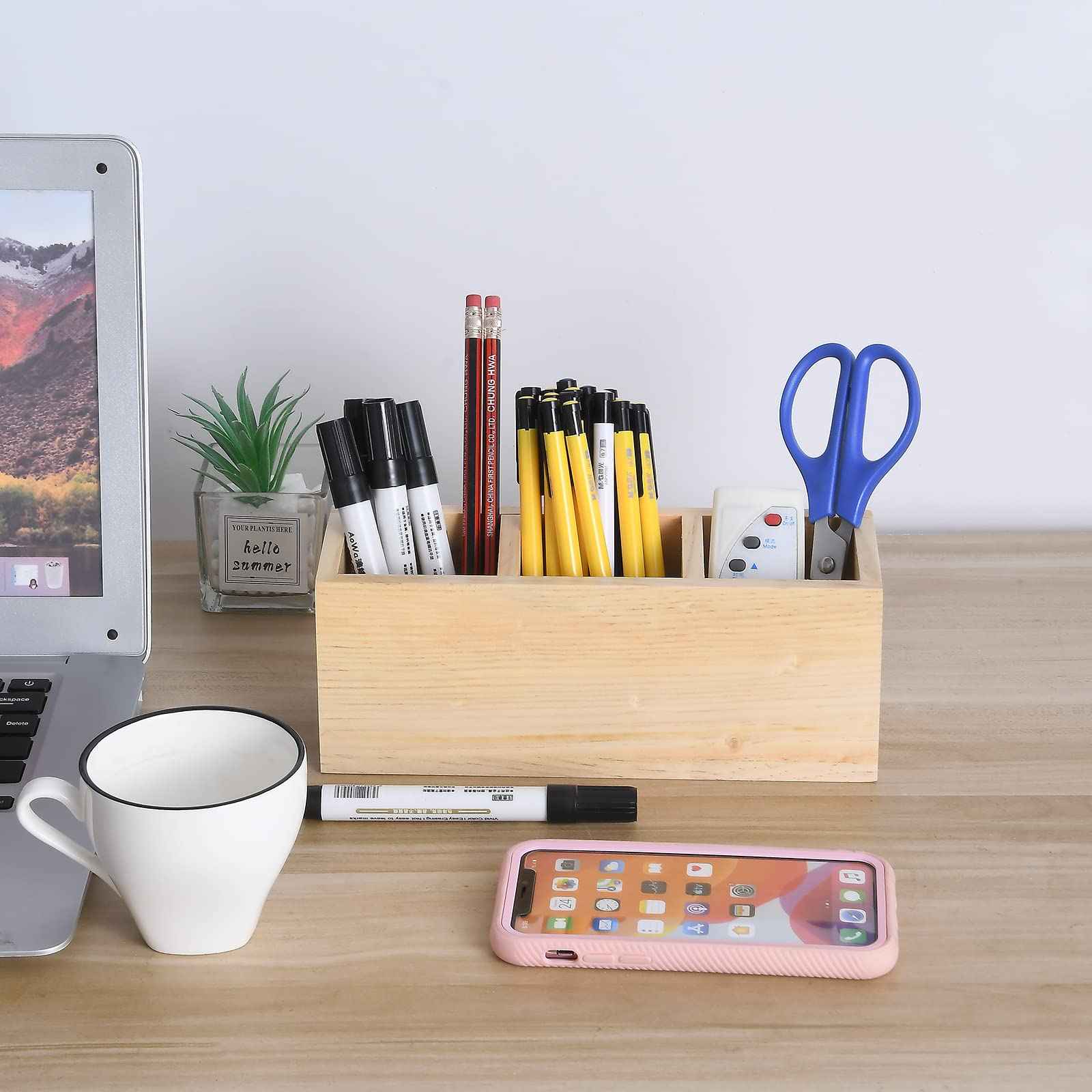 dedoot Wooden Pencil Holder Remote Holder, Unfinished 3 Compartment Wood Desk Organizers Drawer 3 Section, Rustic Remote Control Holder for Desk,School, Home and Office Supplies, 9x3x3.4 Inches