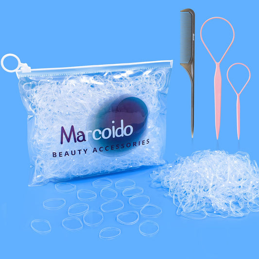 Marcoido Clear Hair Rubber Bands, 1000pcs (Clear medium+), with Hair Loop Styling Tool Set and Rat Tail Comb For Girls Teenager Girls Women Kids