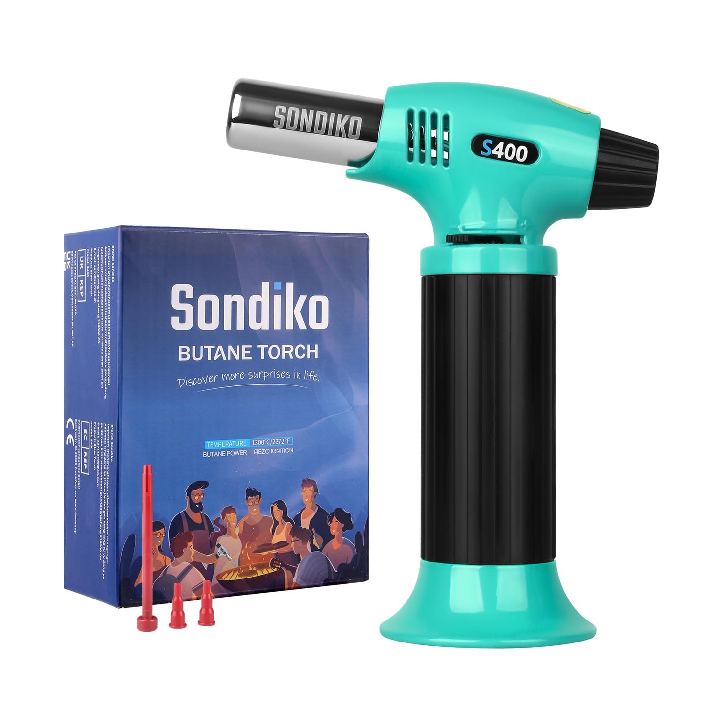 Sondiko S400 Butane Torch, Refillable Kitchen Lighter, Cyan & Black, Fits All Butane Tanks, Adjustable Flame for Creme Brulee & Baking—Butane Gas Is Not Included