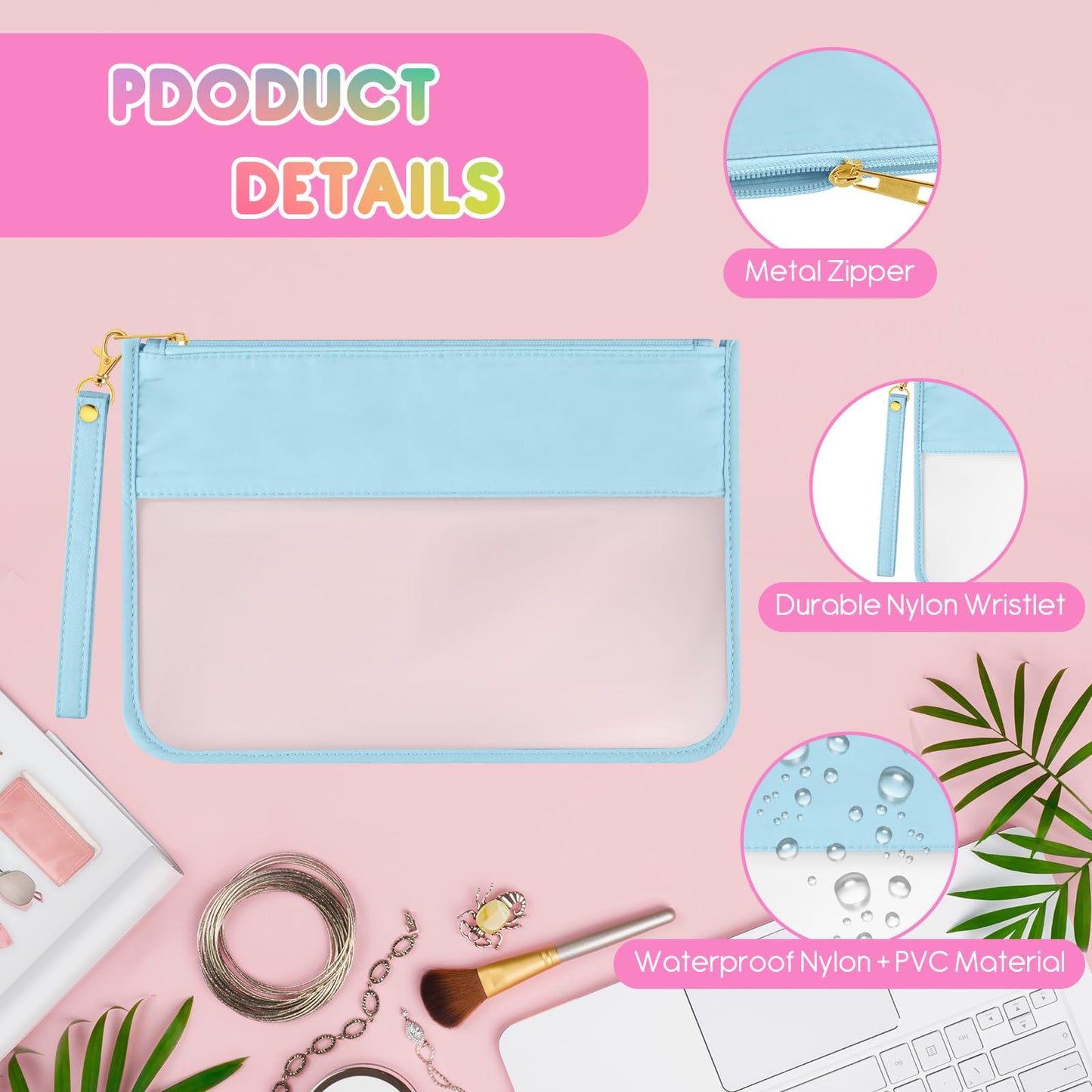 Morcheiong 2 Pieces DIY Chenille Letter Bag Nylon Clear Zipper Pouch with Wristlet Clear Travel Makeup Bag Cosmetic Pouch Toiletry Bag for Women Girls (Light Blue)