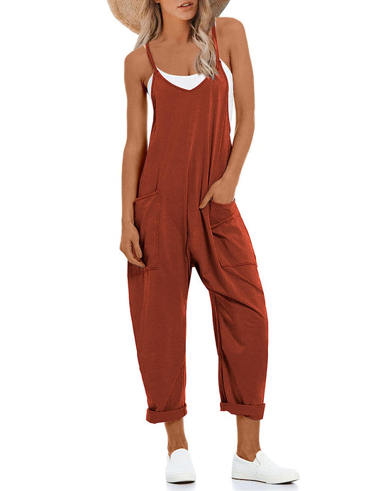 Lentta Women's Causal Jumpsuits V Neck Sleeveless Harem Overalls Stretchy Adjustable Strap Romper with Pockets(Rust-S)