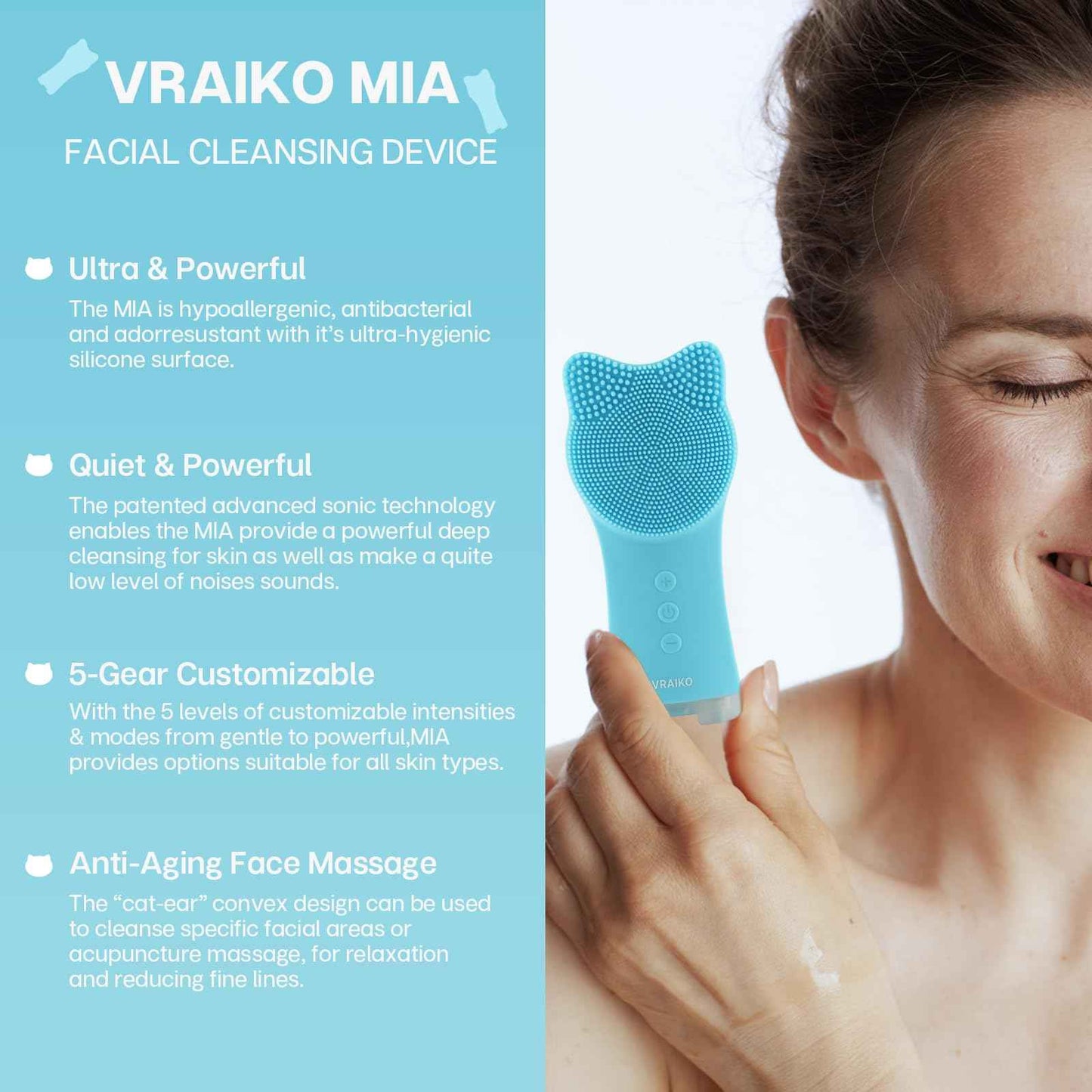 VRAIKO MIA Facial Cleansing Brush, Waterproof Rechargeable Face Cleansing Brush, with Soft Silicone and Adjustable Sonic Vibration, for Deep Cleansing Gentle Exfoliating and Massaging (Blue)