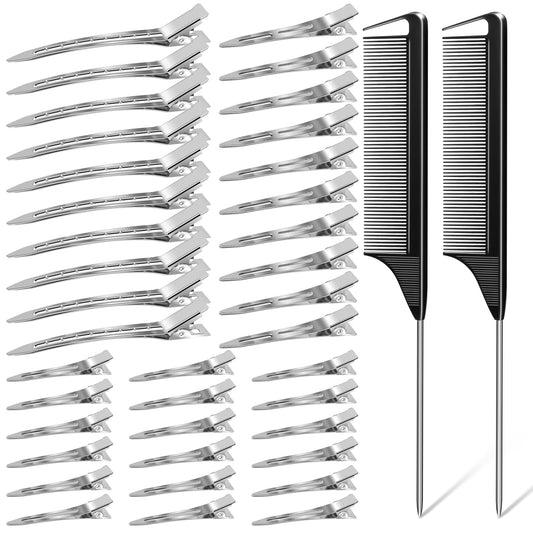 70Pcs Metal Hair Styling Clips, MORGLES 3 Sizes No Crease Hair Clips with 2pcs Parting Comb for Braids, Sliver Alligator Clips for Hair Rollers Coloring and Styling.