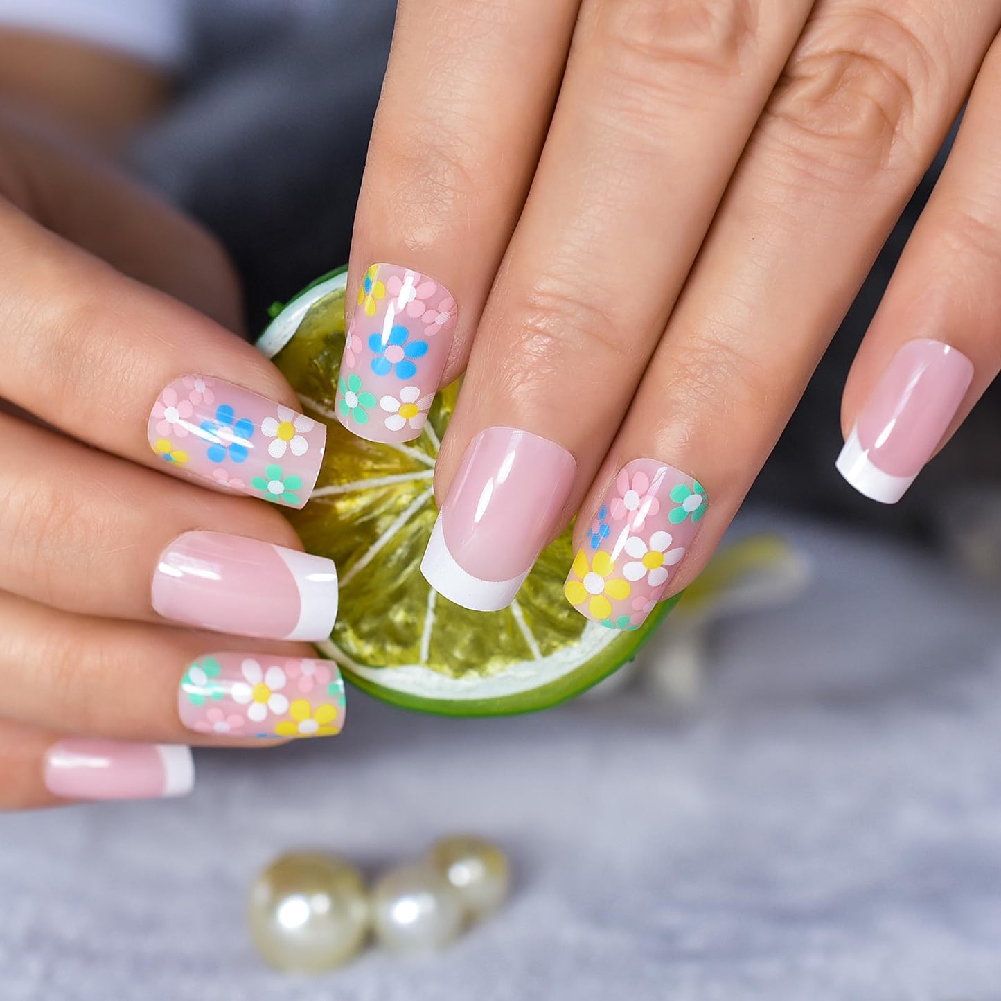 Glossy Pre-design Nude French Press On False Nails with Colorful Flowers Medium Squoval Women Girls Nail Art Tips Salon DIY Manicure Reusable Acrylic Fake Fingernails Nails for Daily Office Home